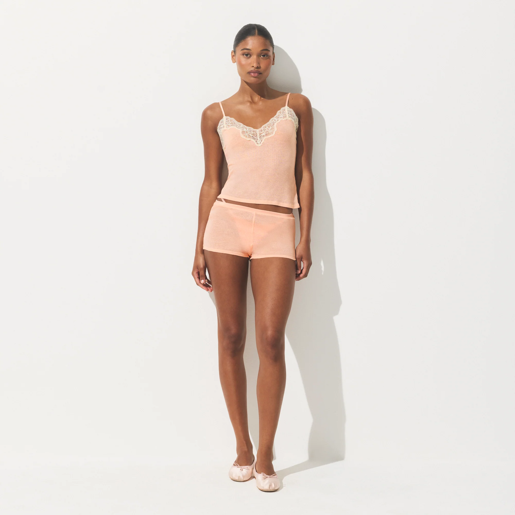 SHEER RIB LACE CAMI AND SHORT SET | VILLA