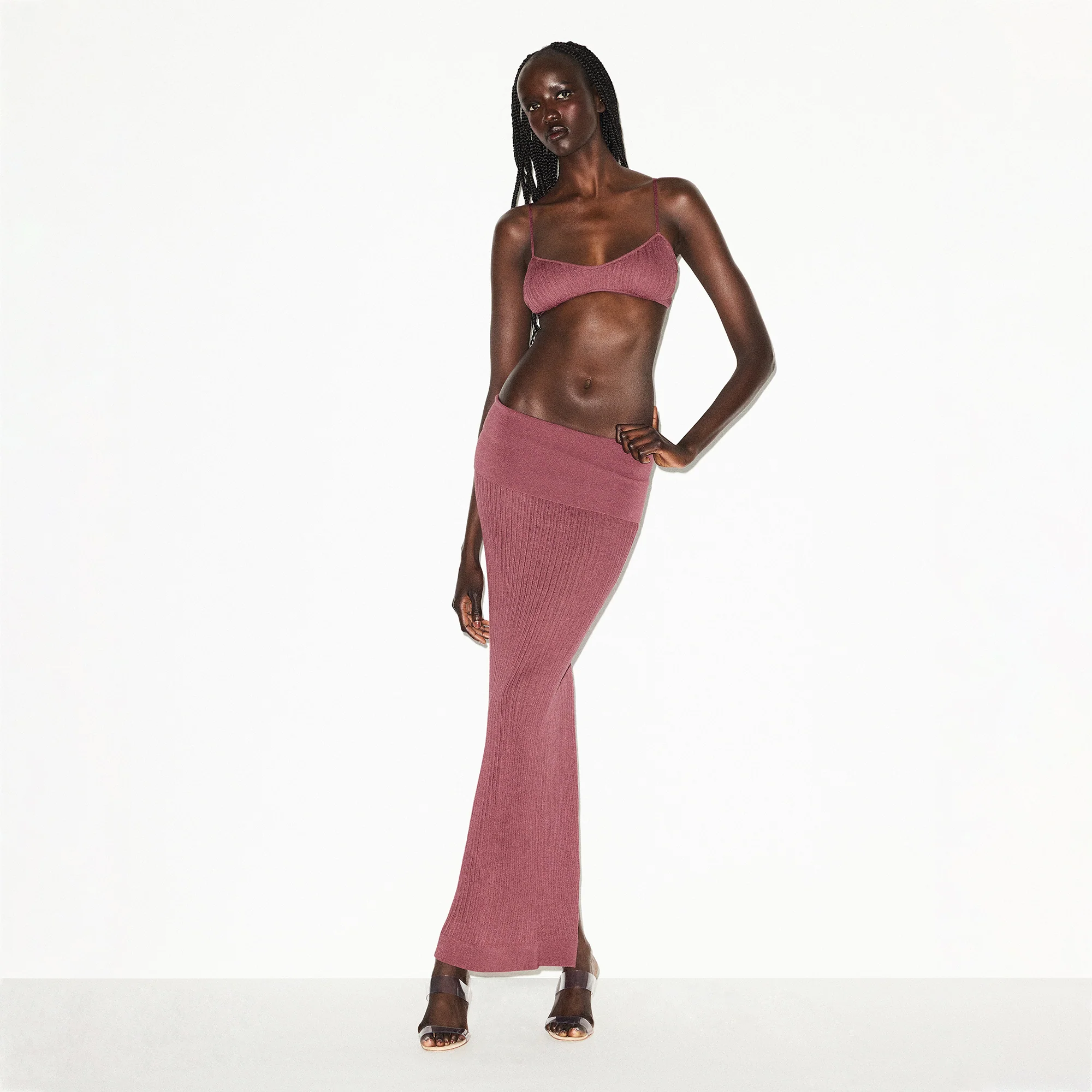 SHEER KNIT FOLDOVER LONG SKIRT | BEET