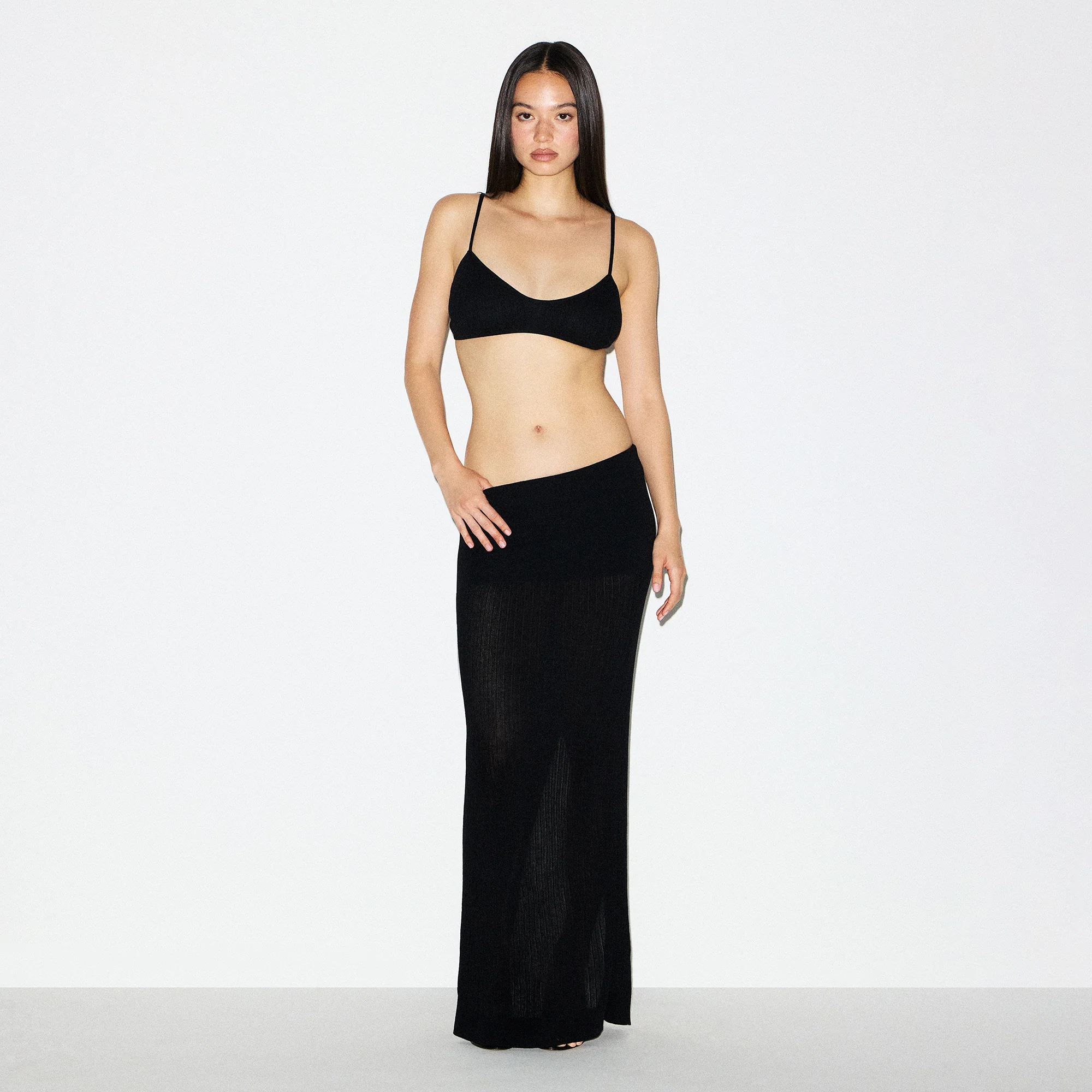 SHEER KNIT FOLDOVER LONG SKIRT | ONYX