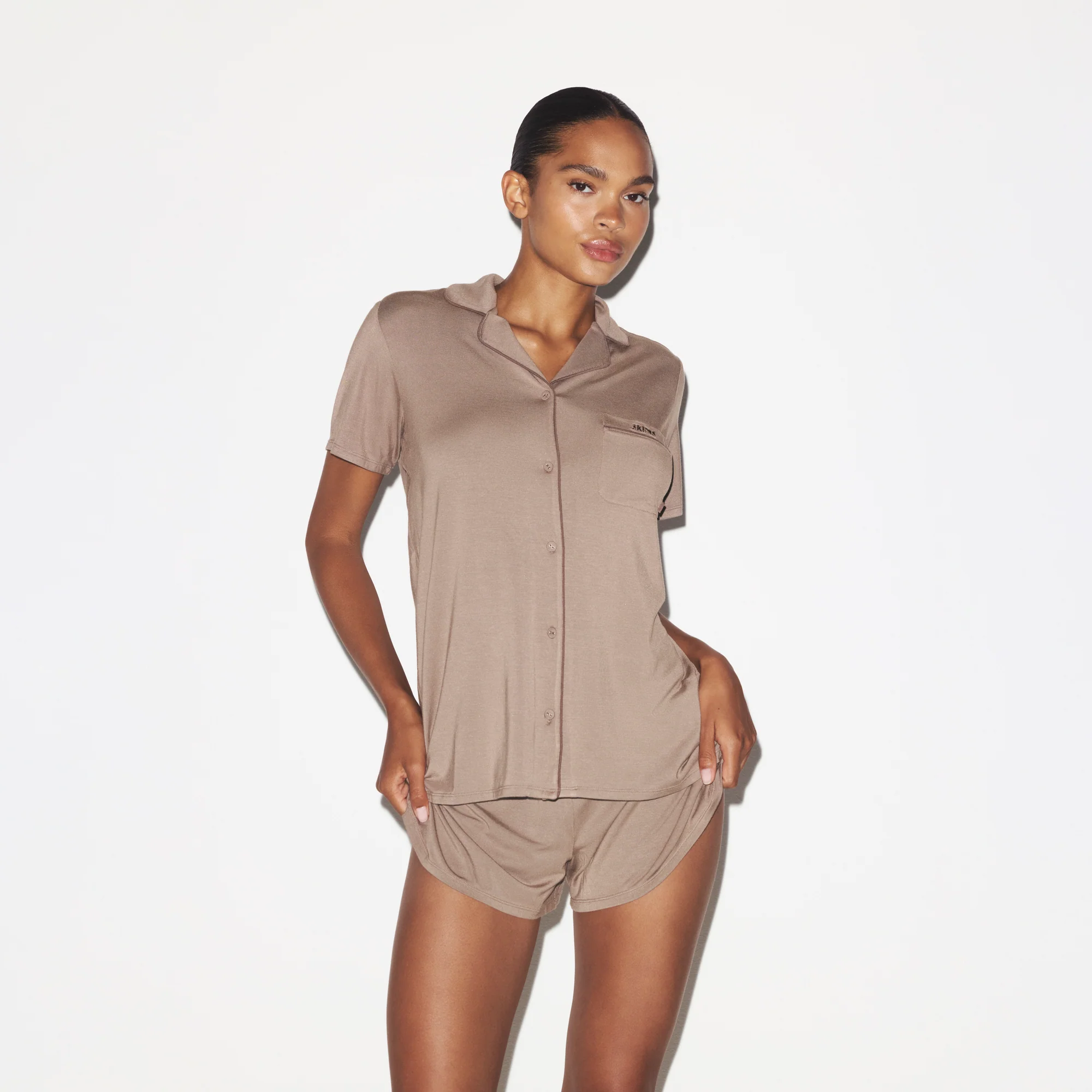 SKIMS SLEEP SHORT SLEEVE BUTTON UP SET | FOSSIL