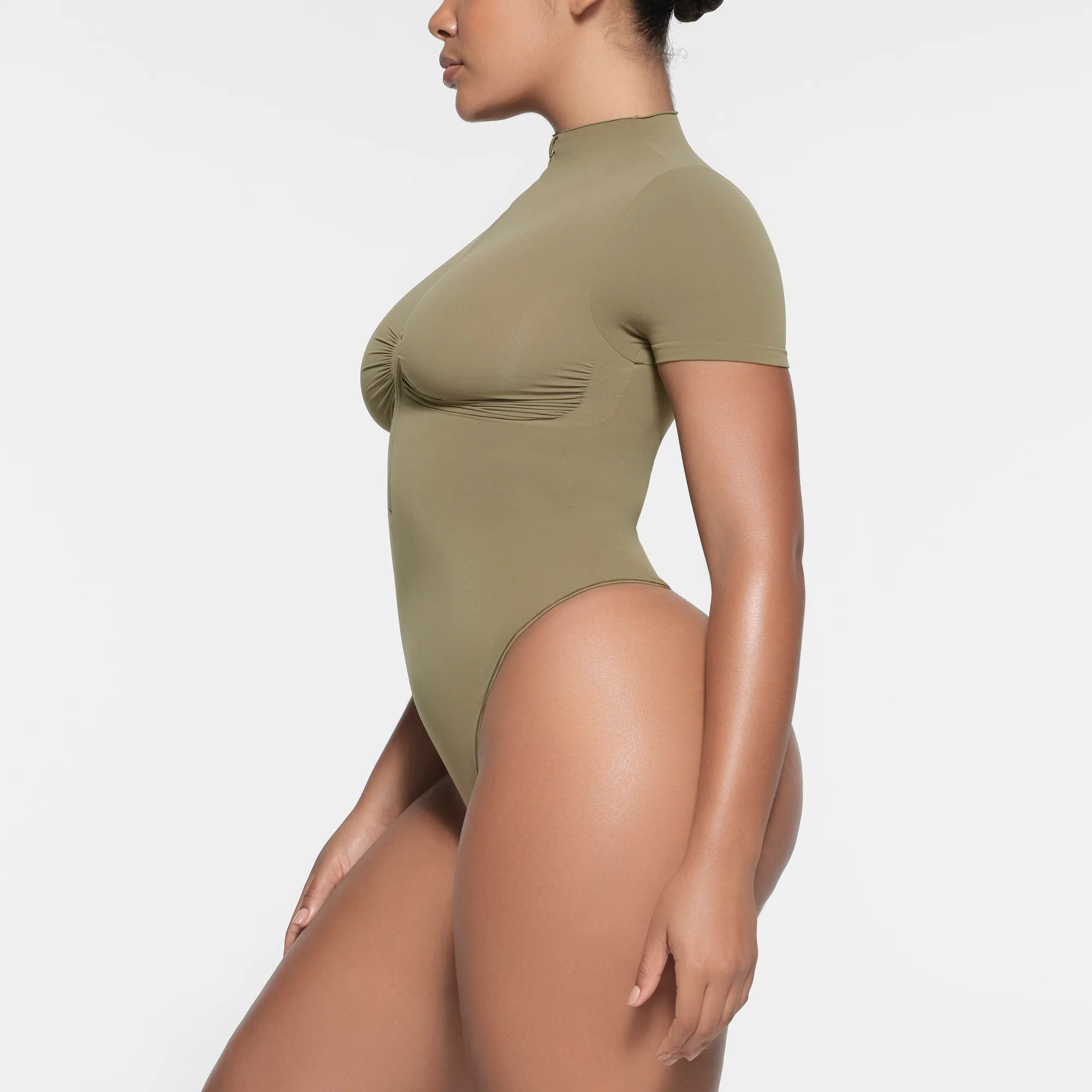 SEAMLESS SCULPT ZIP FRONT T-SHIRT THONG BODYSUIT | ARMY