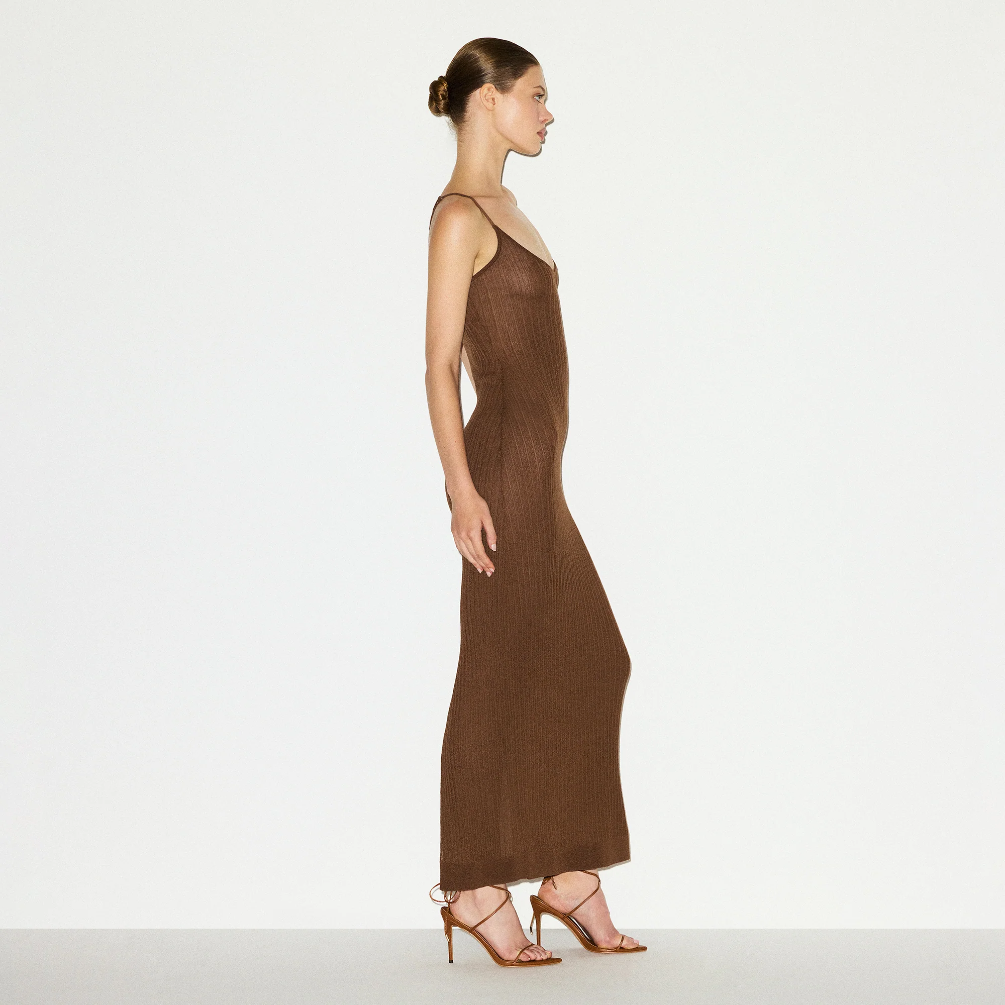 SHEER KNIT LONG CAMI DRESS | BISON
