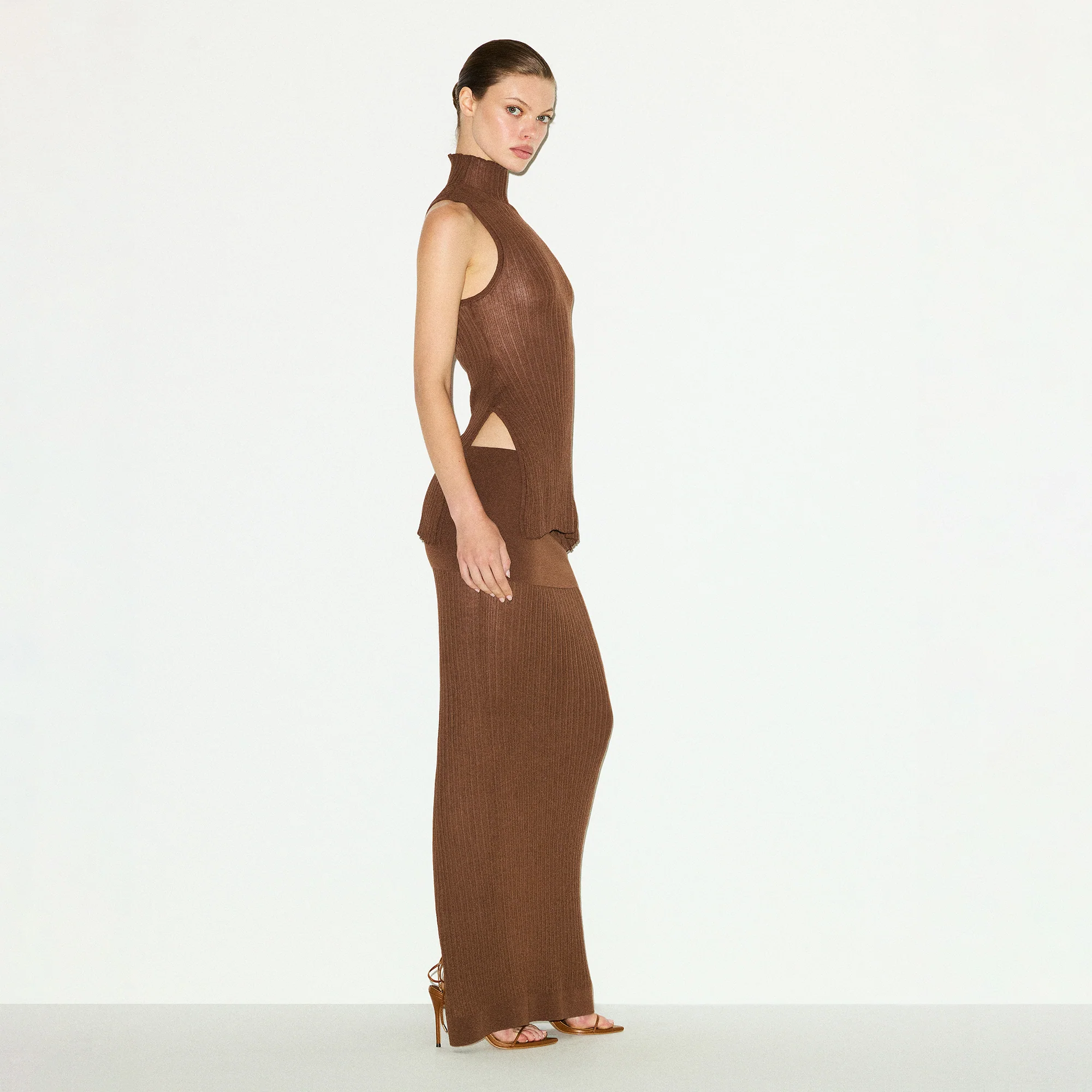 SHEER KNIT FOLDOVER LONG SKIRT | BISON