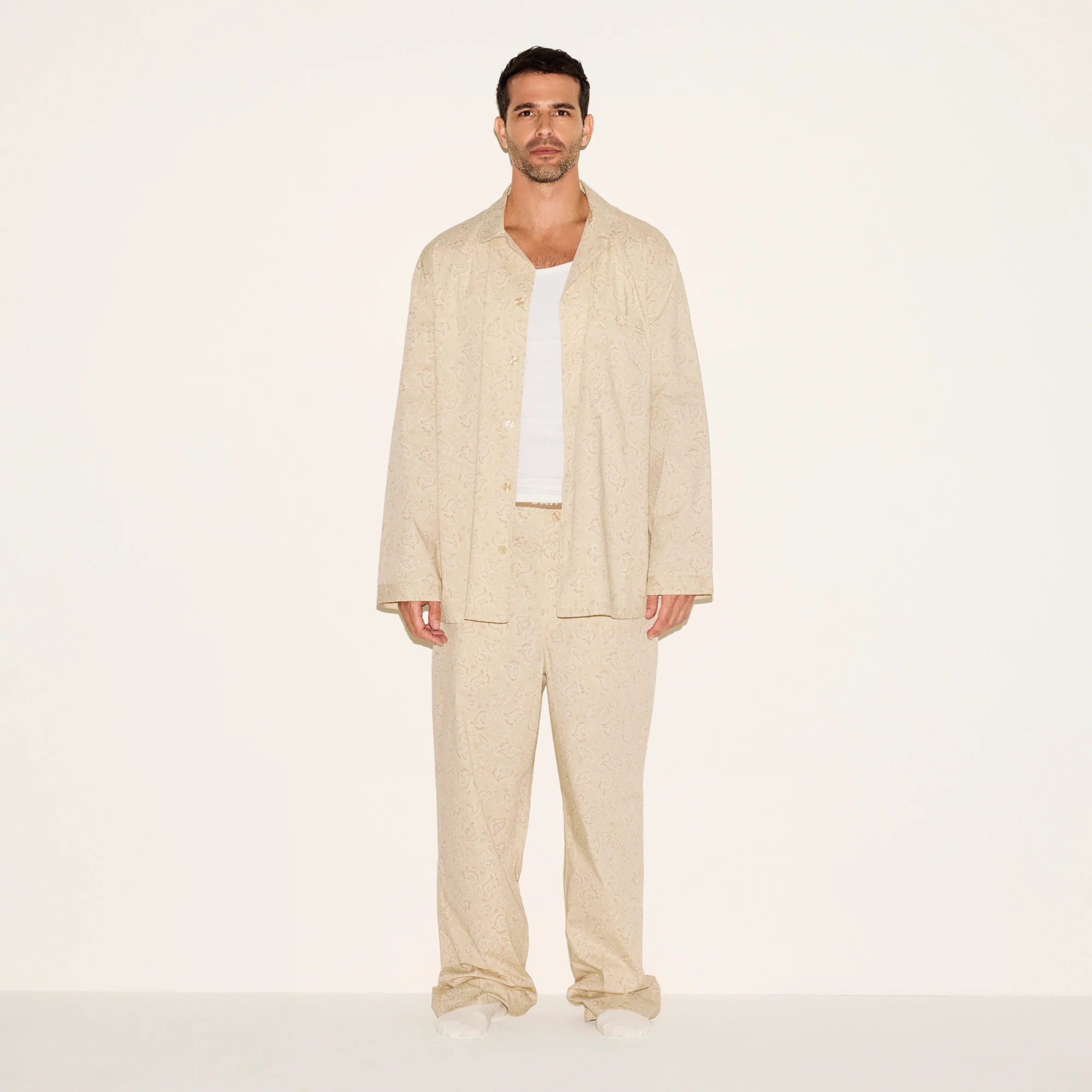 COTTON POPLIN MENS LONG SLEEP SET | TAN PAISLEY PRINT