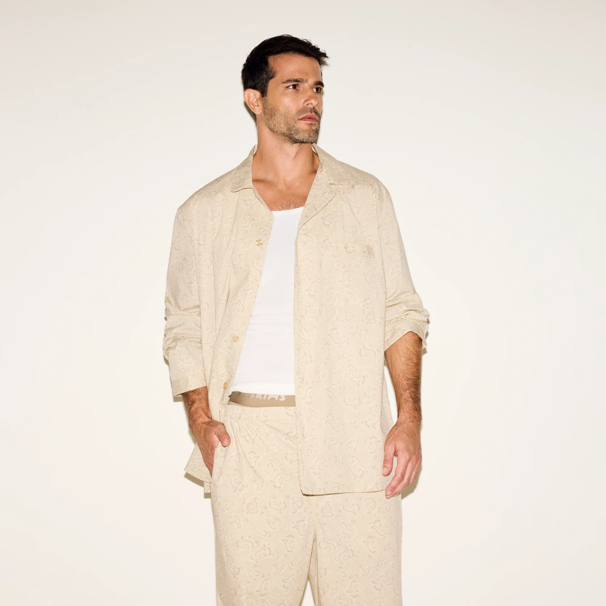COTTON POPLIN MENS LONG SLEEP SET | TAN PAISLEY PRINT