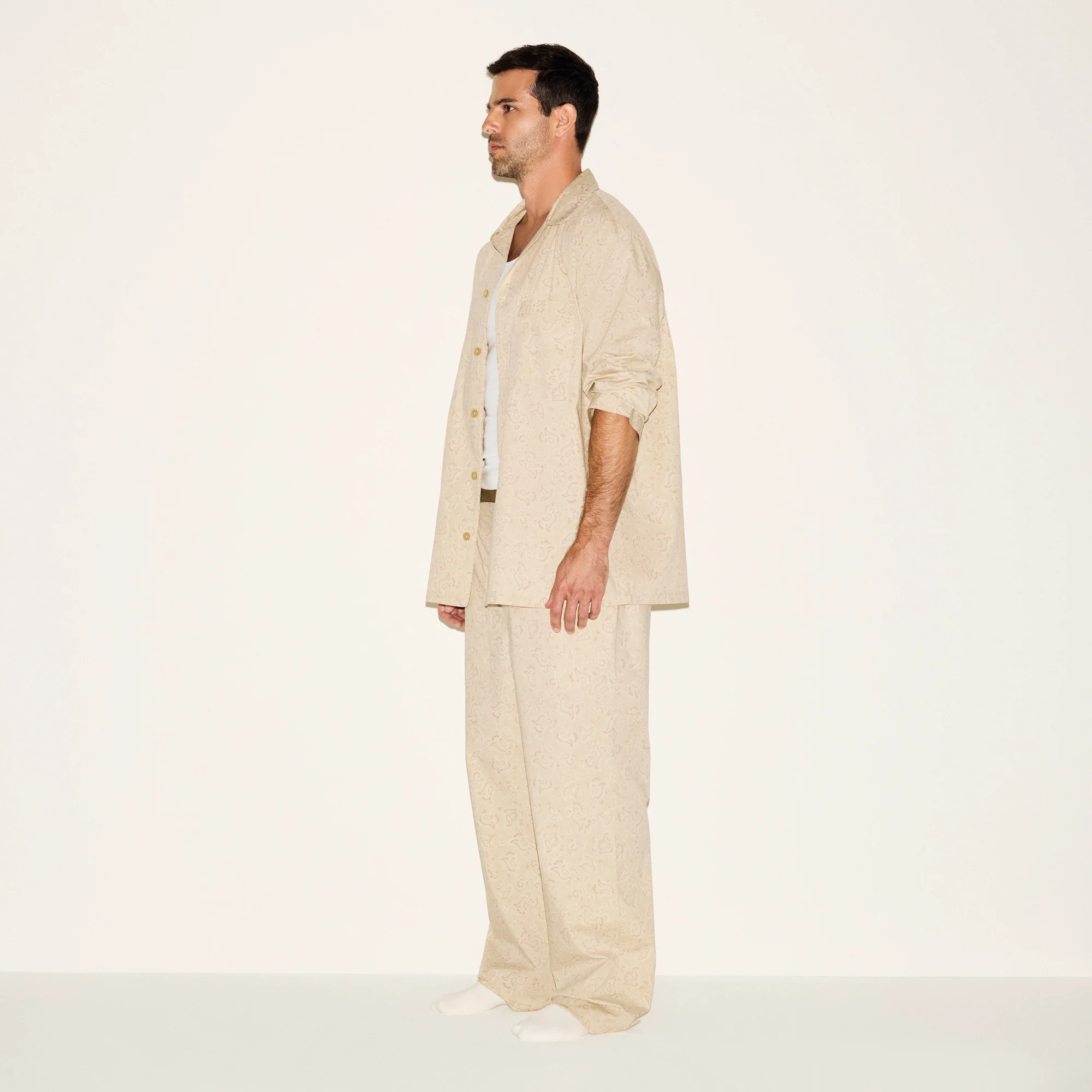 COTTON POPLIN MENS LONG SLEEP SET | TAN PAISLEY PRINT