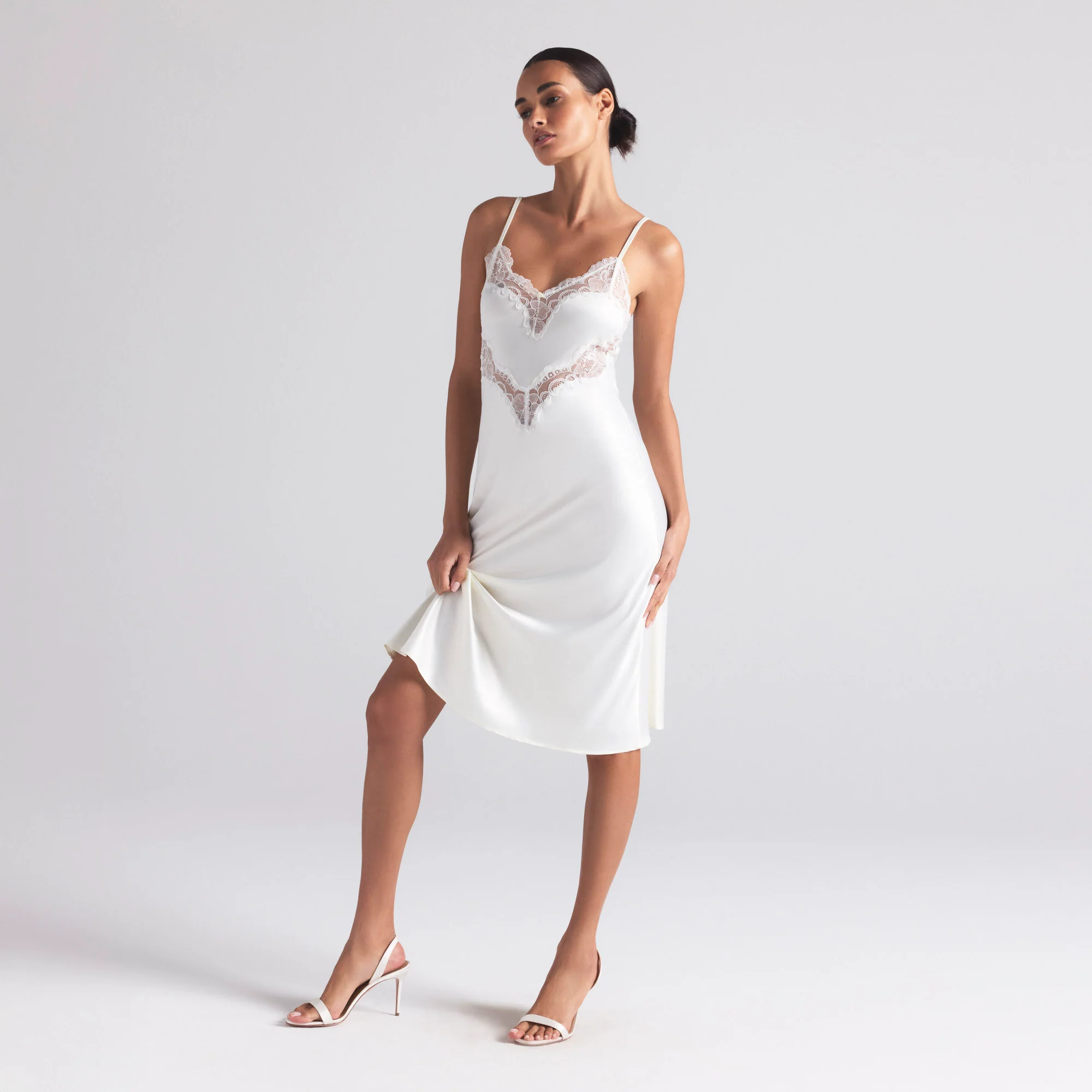 WOVEN SHINE LACE MIDI SLIP DRESS | IVORY