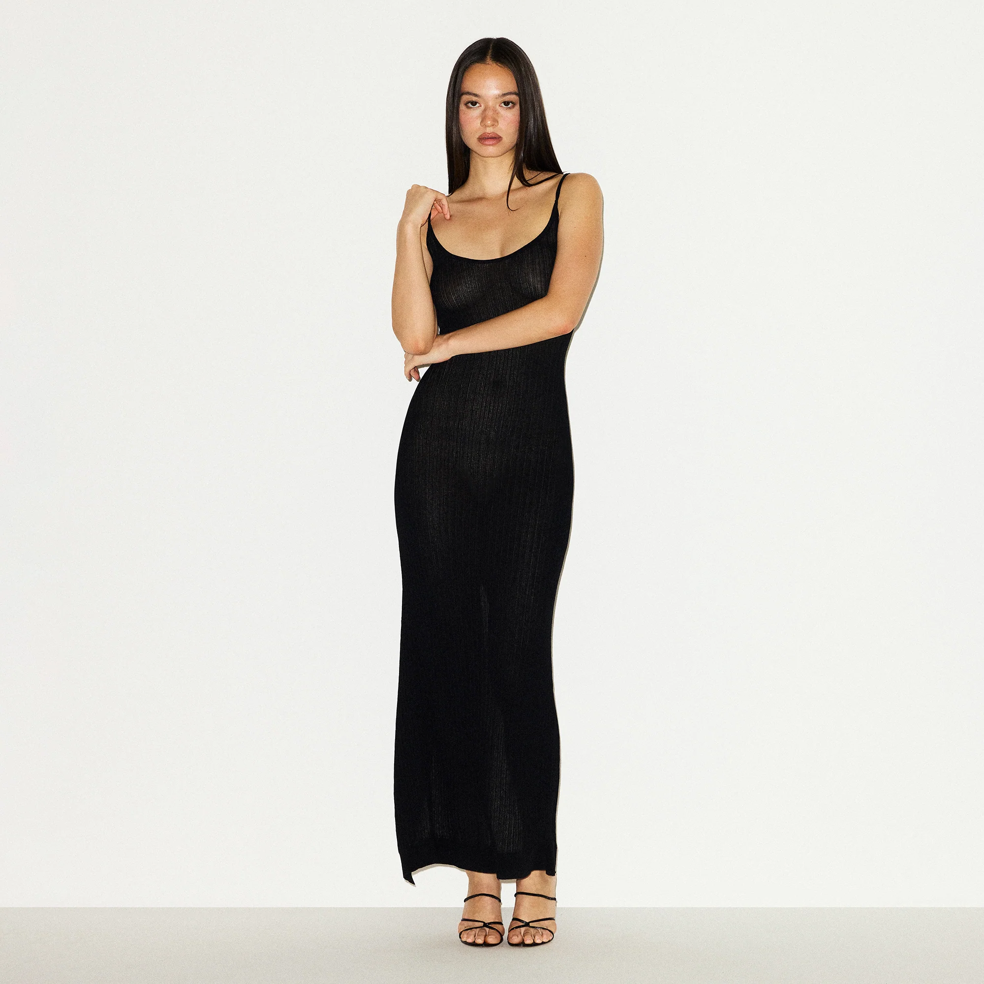 SHEER KNIT LONG CAMI DRESS | ONYX