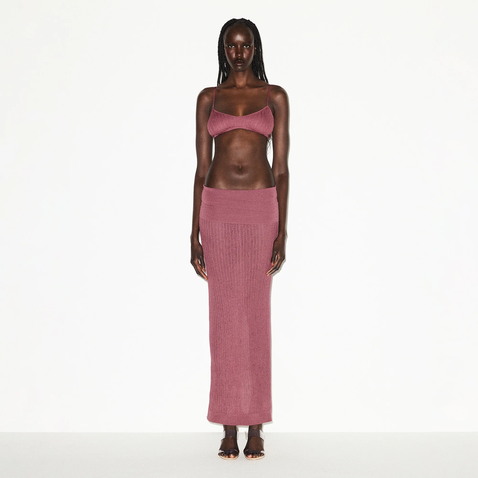 SHEER KNIT FOLDOVER LONG SKIRT | BEET