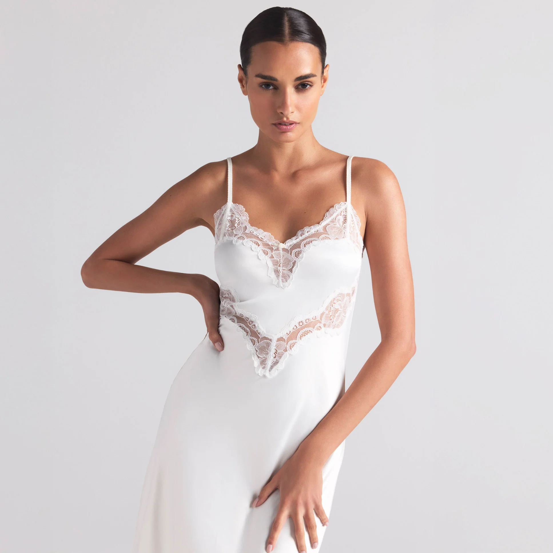 WOVEN SHINE LACE MIDI SLIP DRESS | IVORY