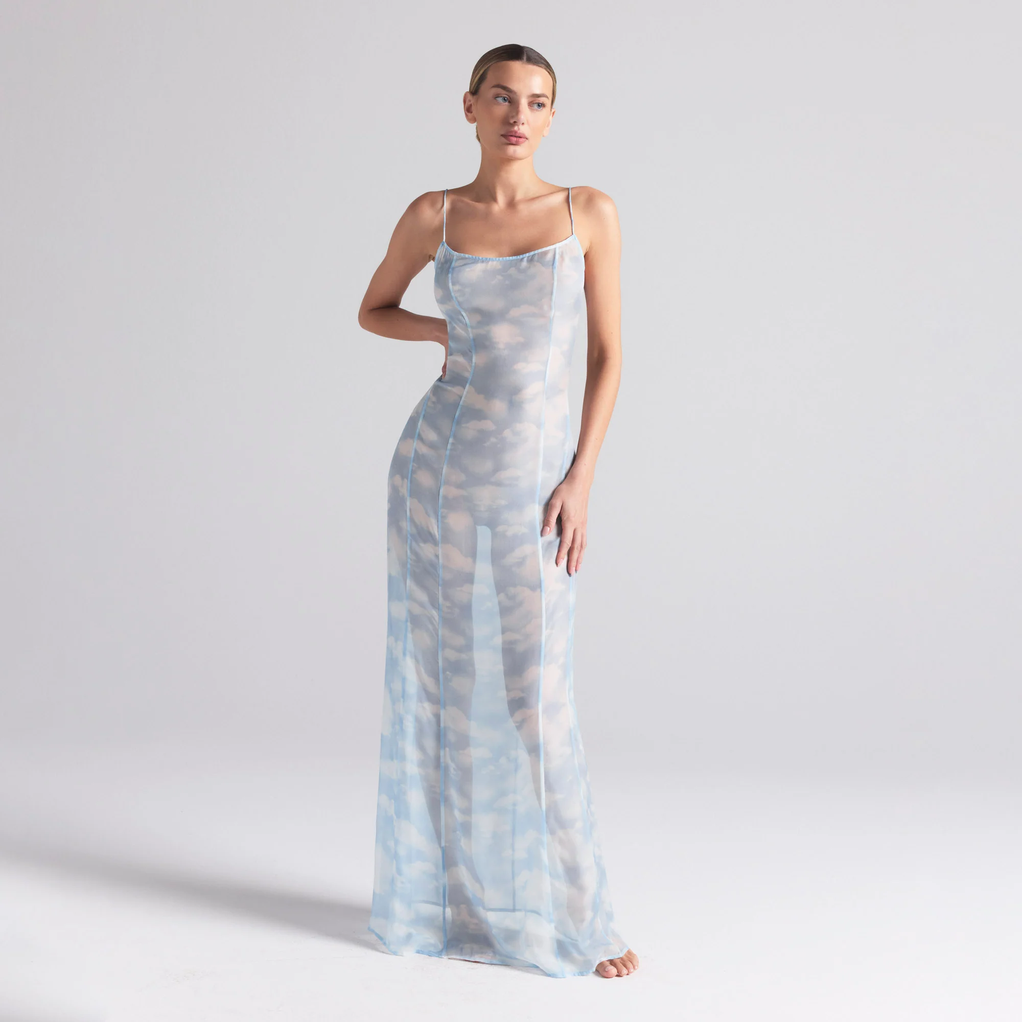 SKIMS ROMANCE LONG SLIP DRESS | BLUE QUARTZ CLOUD PRINT