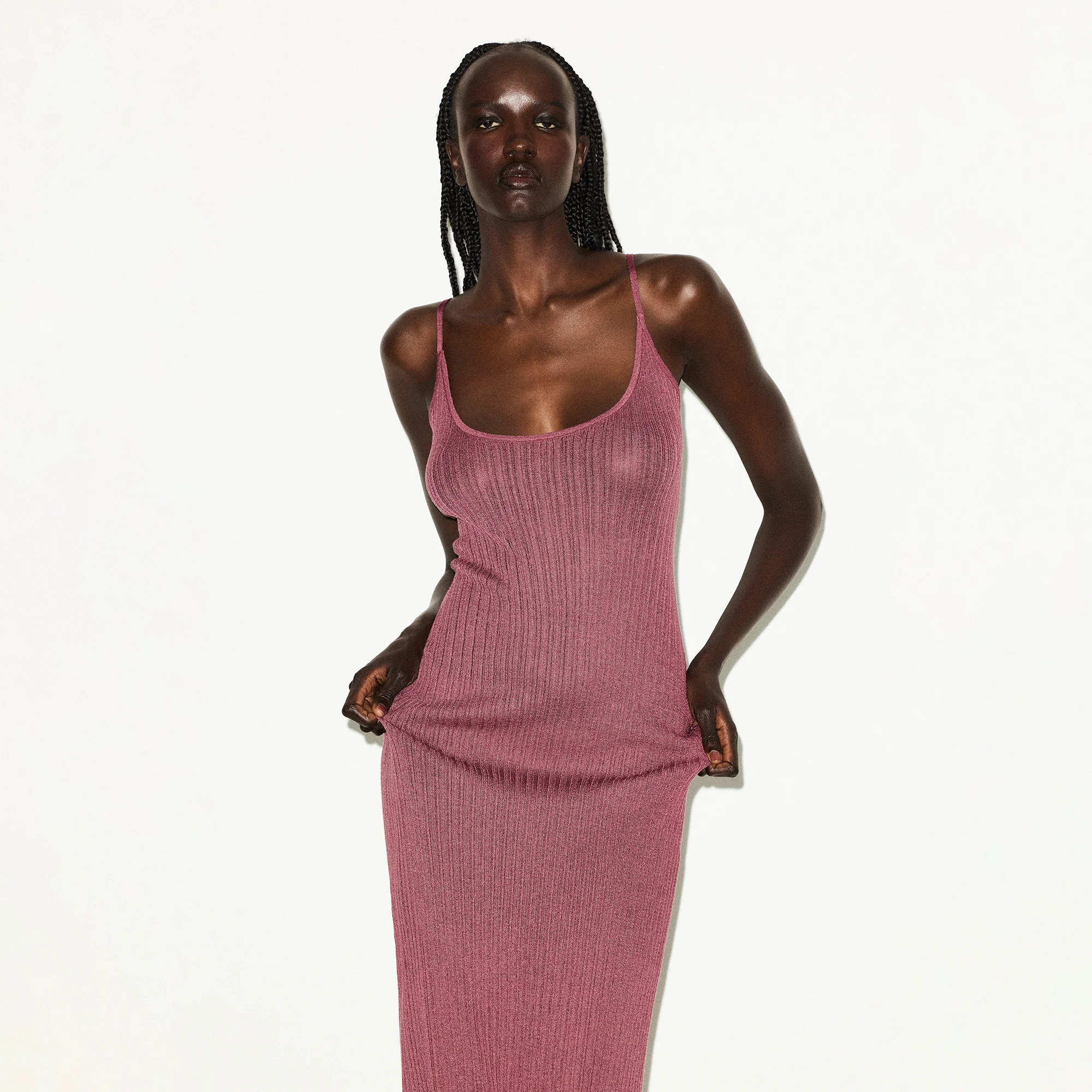 SHEER KNIT LONG CAMI DRESS | BEET