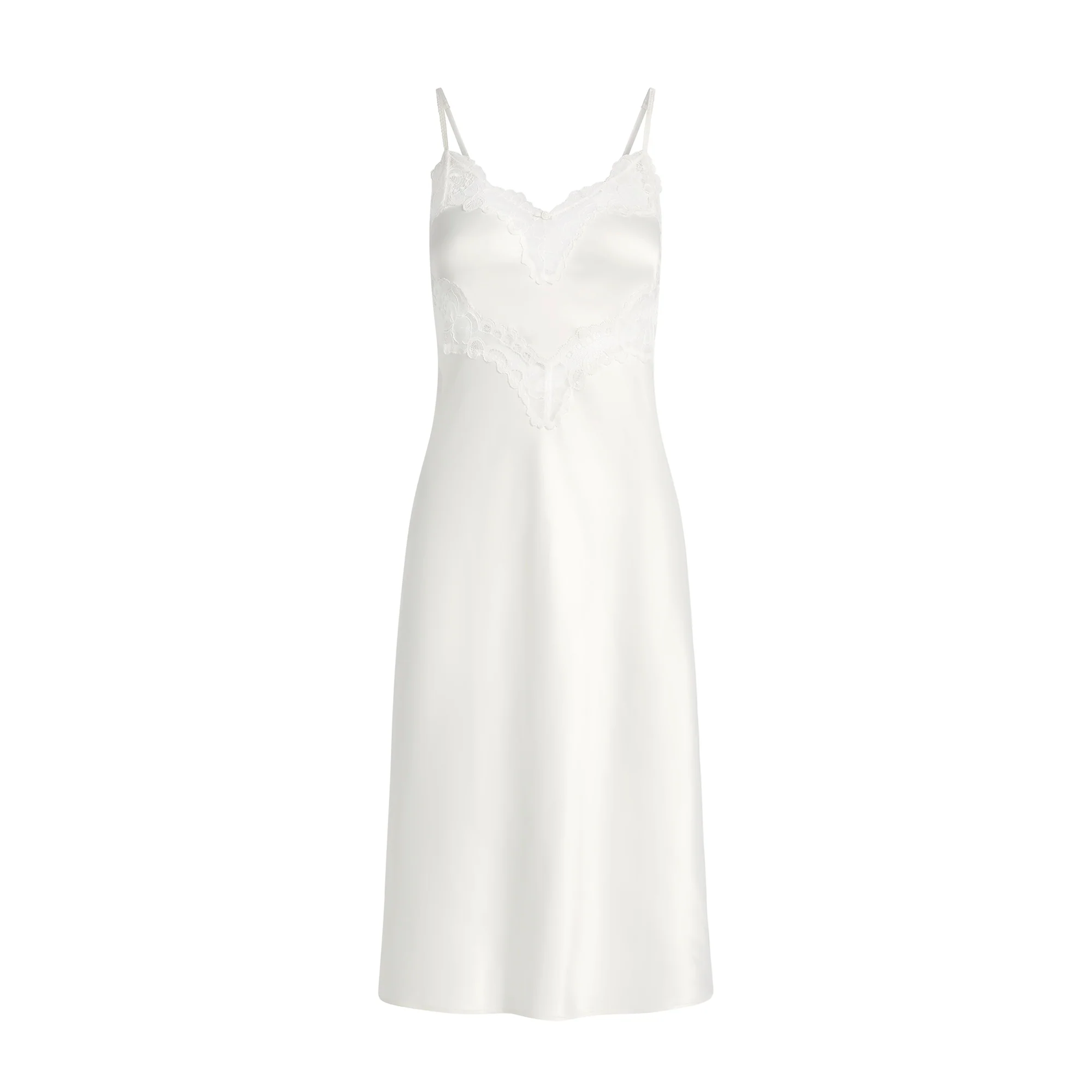 WOVEN SHINE LACE MIDI SLIP DRESS | IVORY