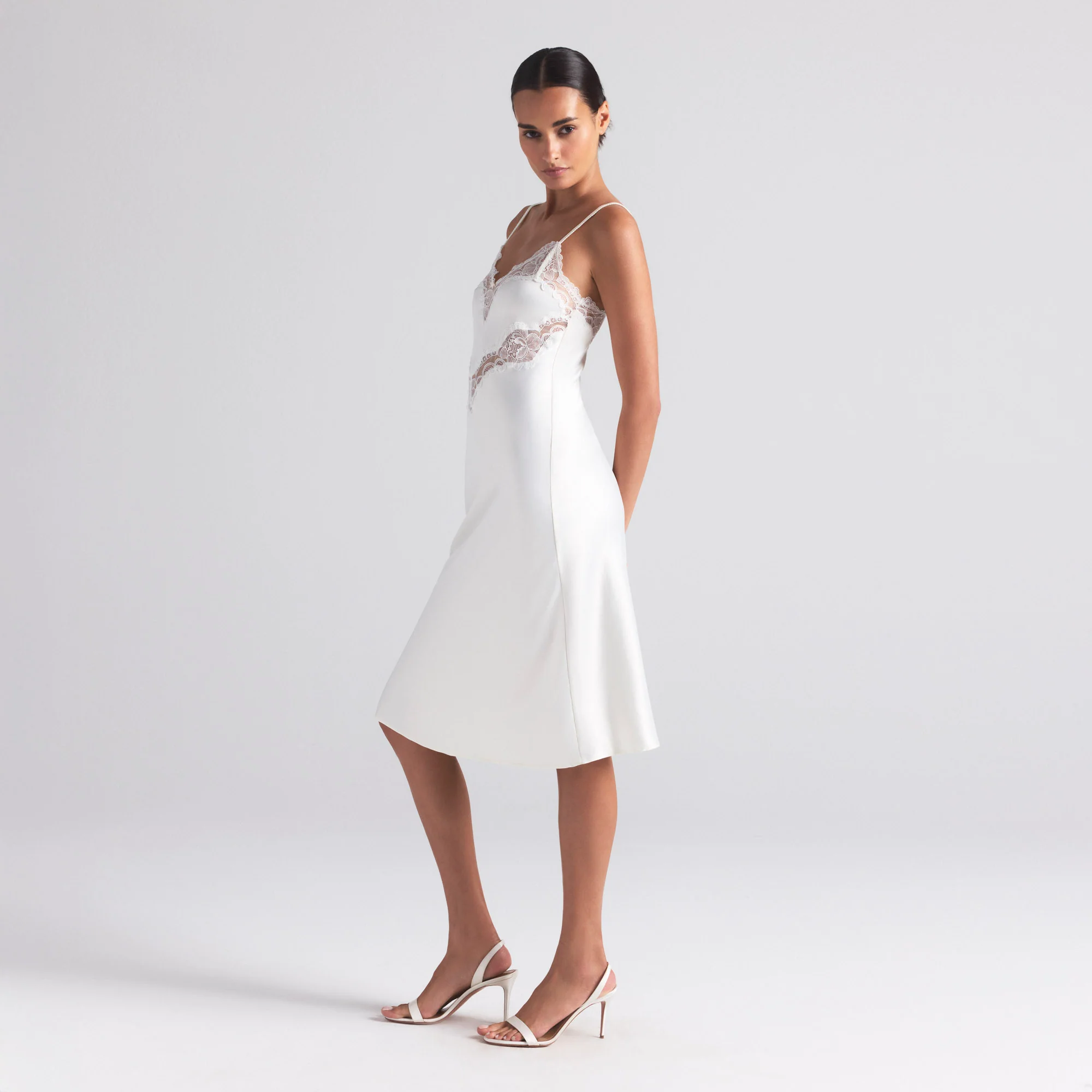 WOVEN SHINE LACE MIDI SLIP DRESS | IVORY
