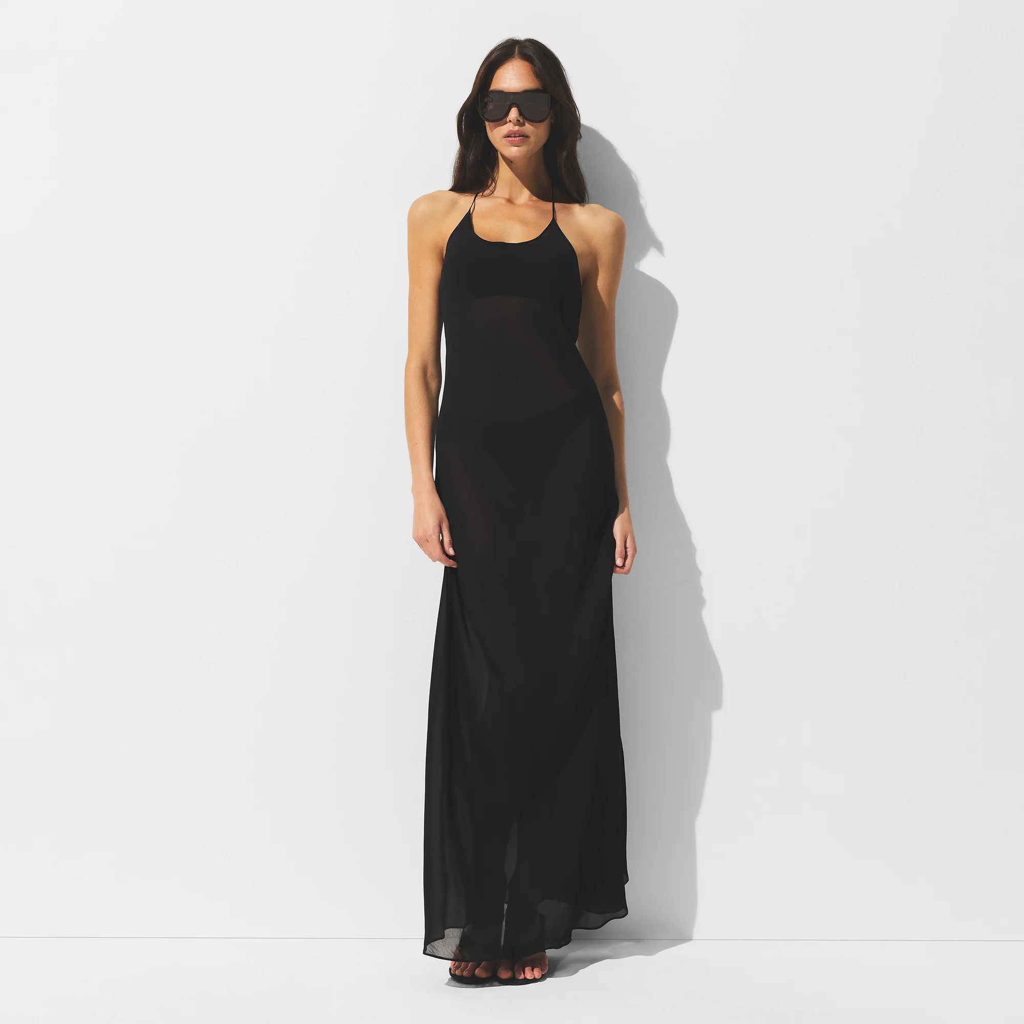 SHEER COVER-UPS LONG HALTER DRESS | OBSIDIAN