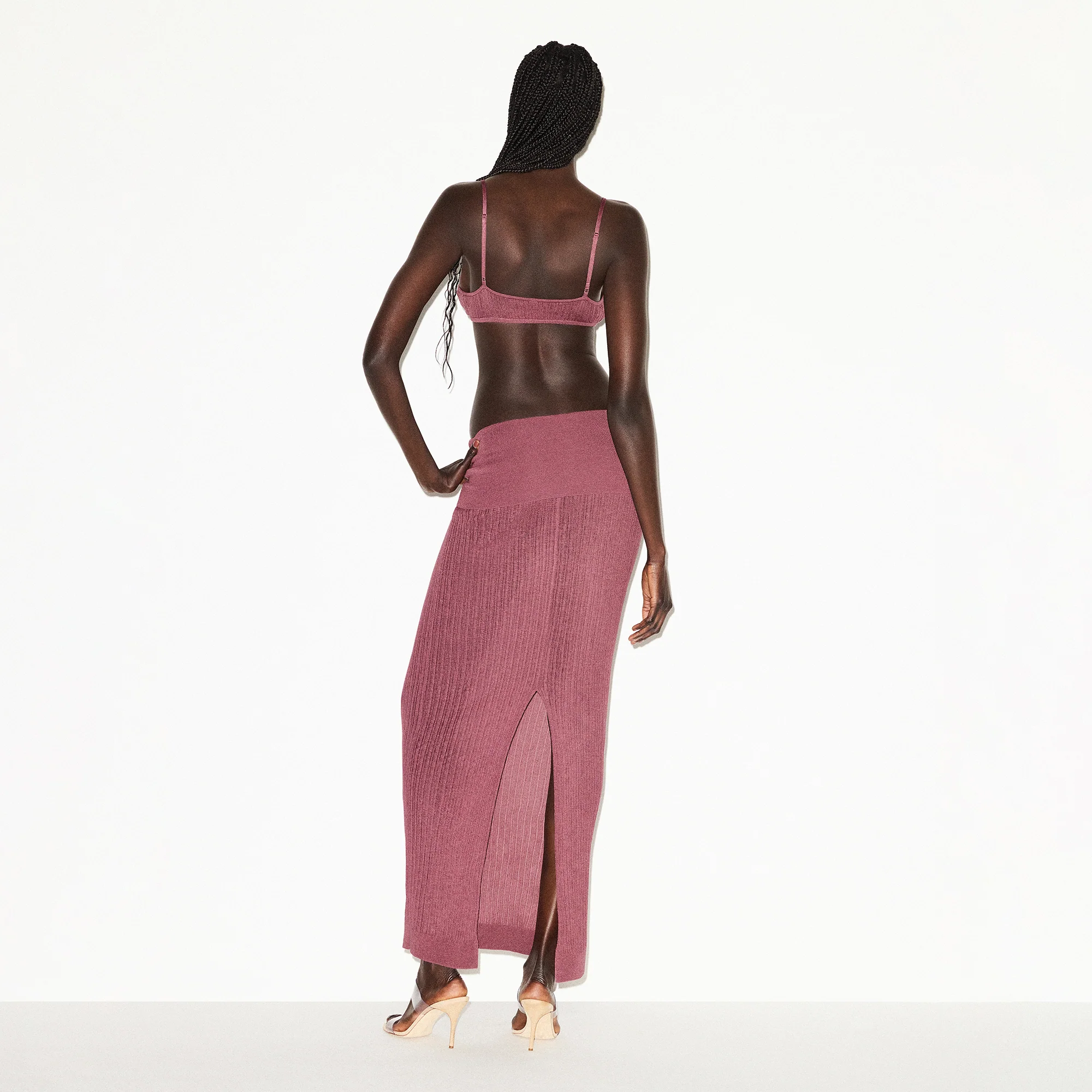SHEER KNIT FOLDOVER LONG SKIRT | BEET