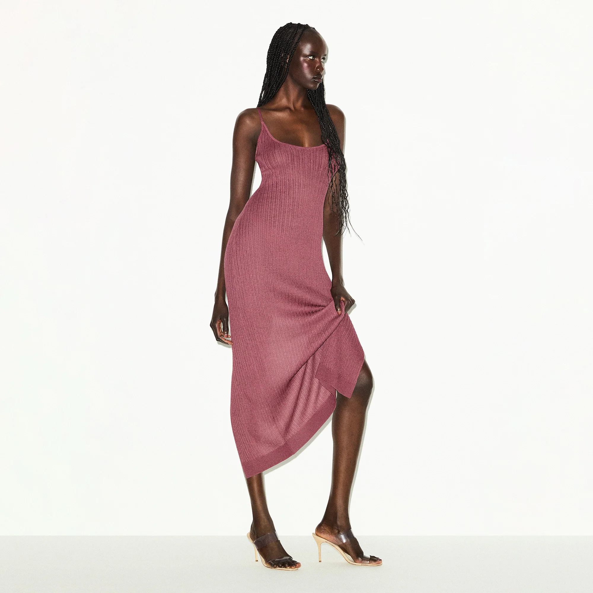 SHEER KNIT LONG CAMI DRESS | BEET