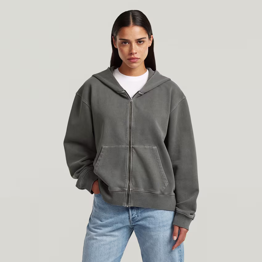 Washed Hoodie Zip Relaxed Sweater