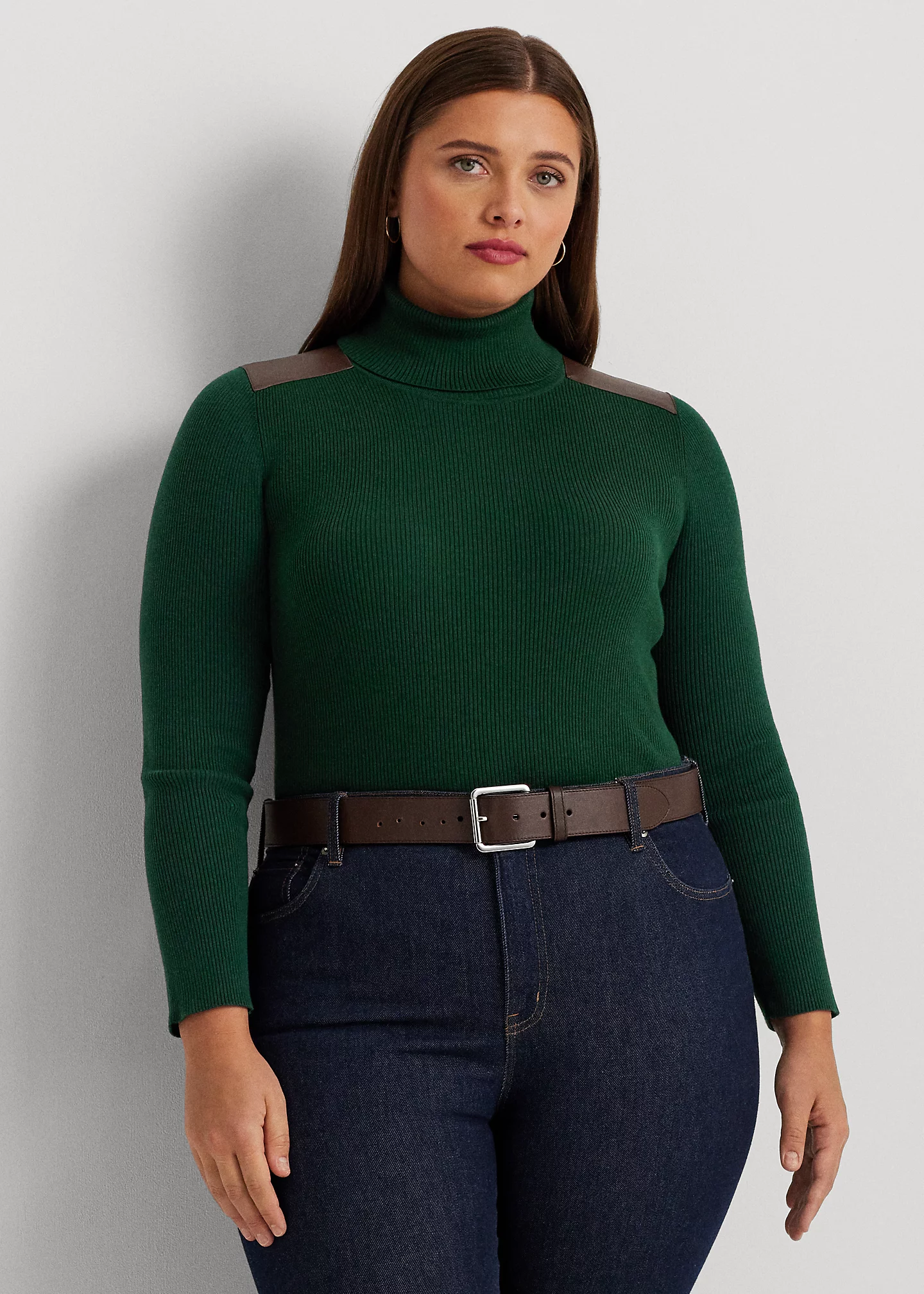 Faux-Leather-Trim Ribbed Turtleneck