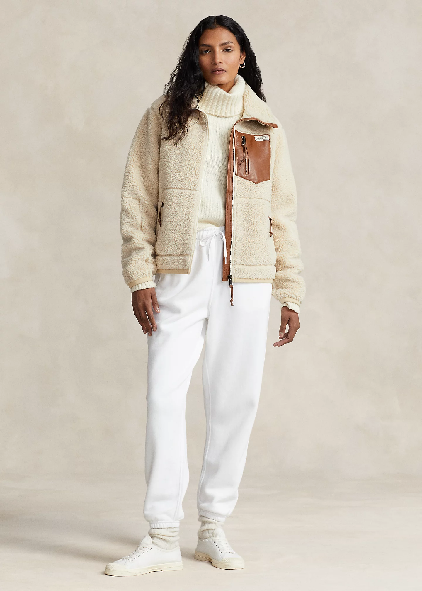 Leather-Trim High-Pile Fleece Jacket