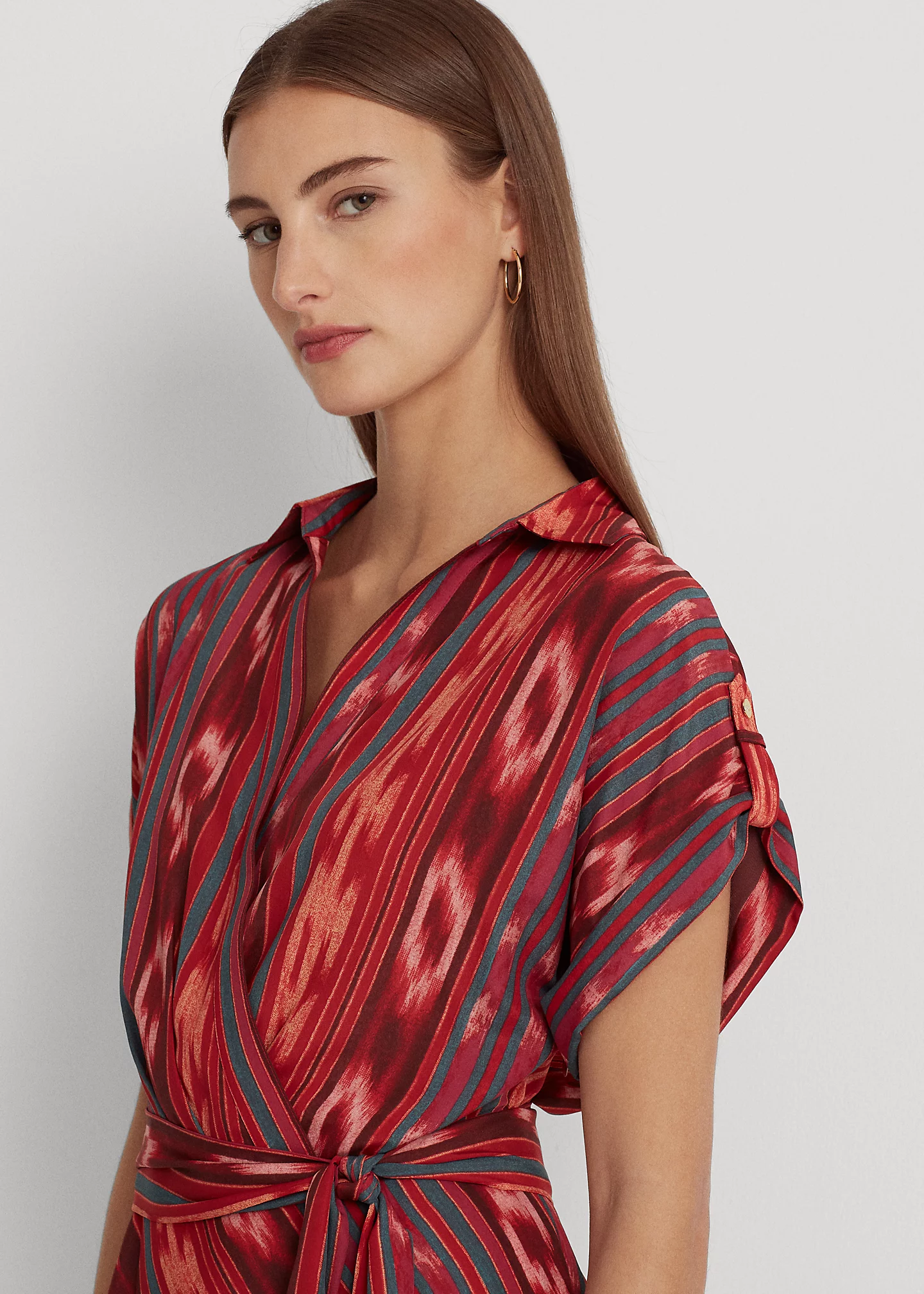 Geo-Stripe Belted Crepe Dress