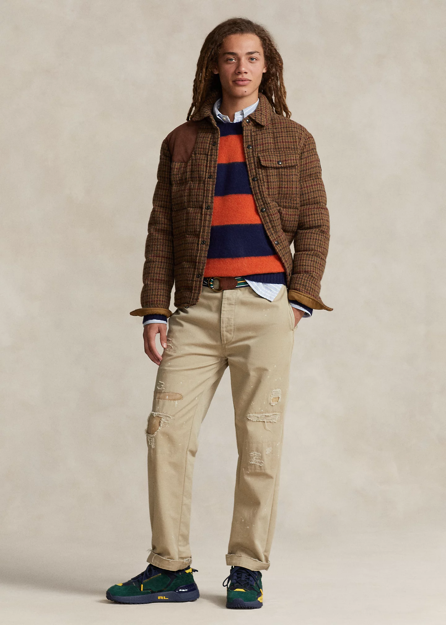 Suede-Trim Striped Wool-Cashmere Sweater