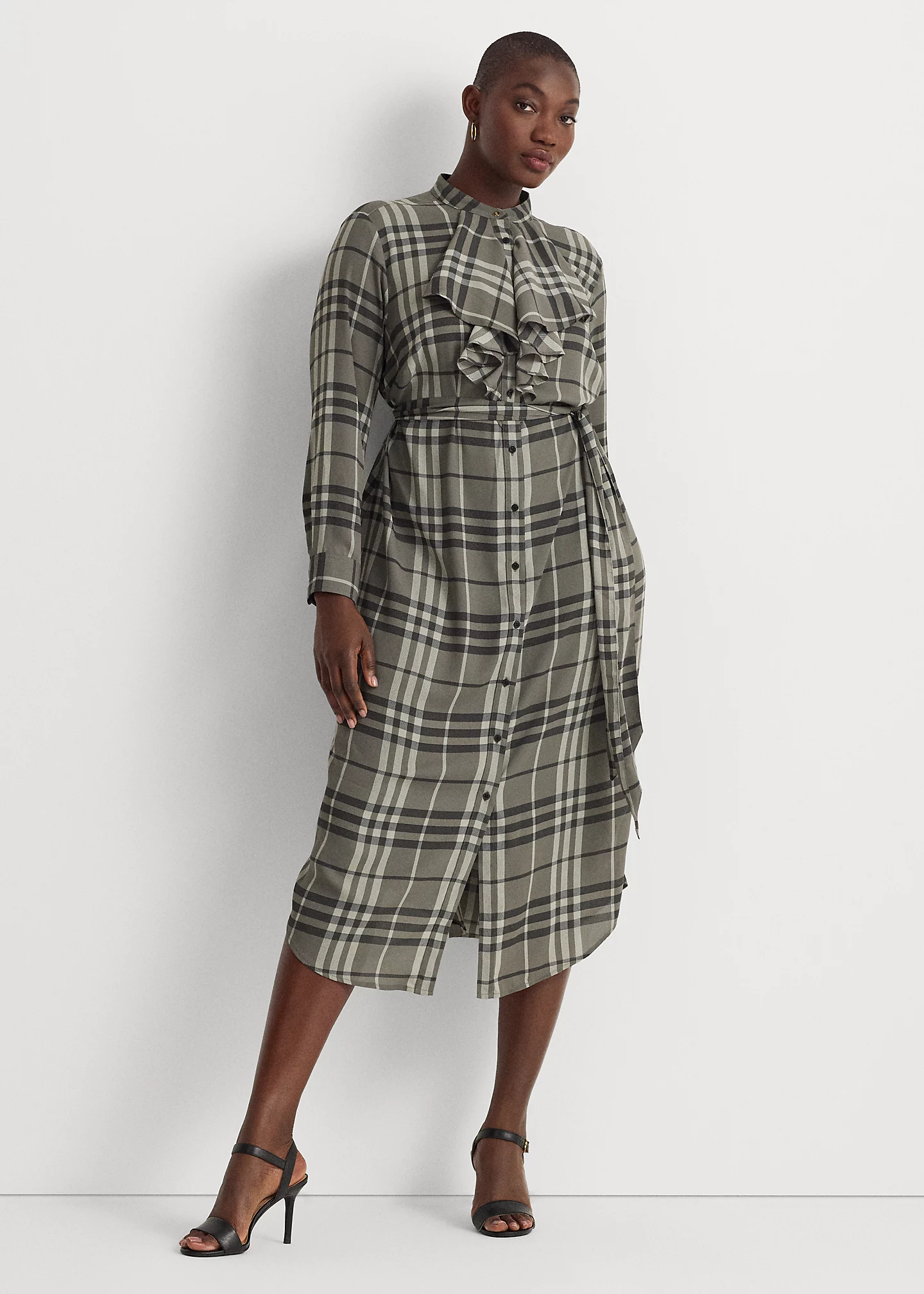 Plaid Ruffle-Trim Georgette Shirtdress