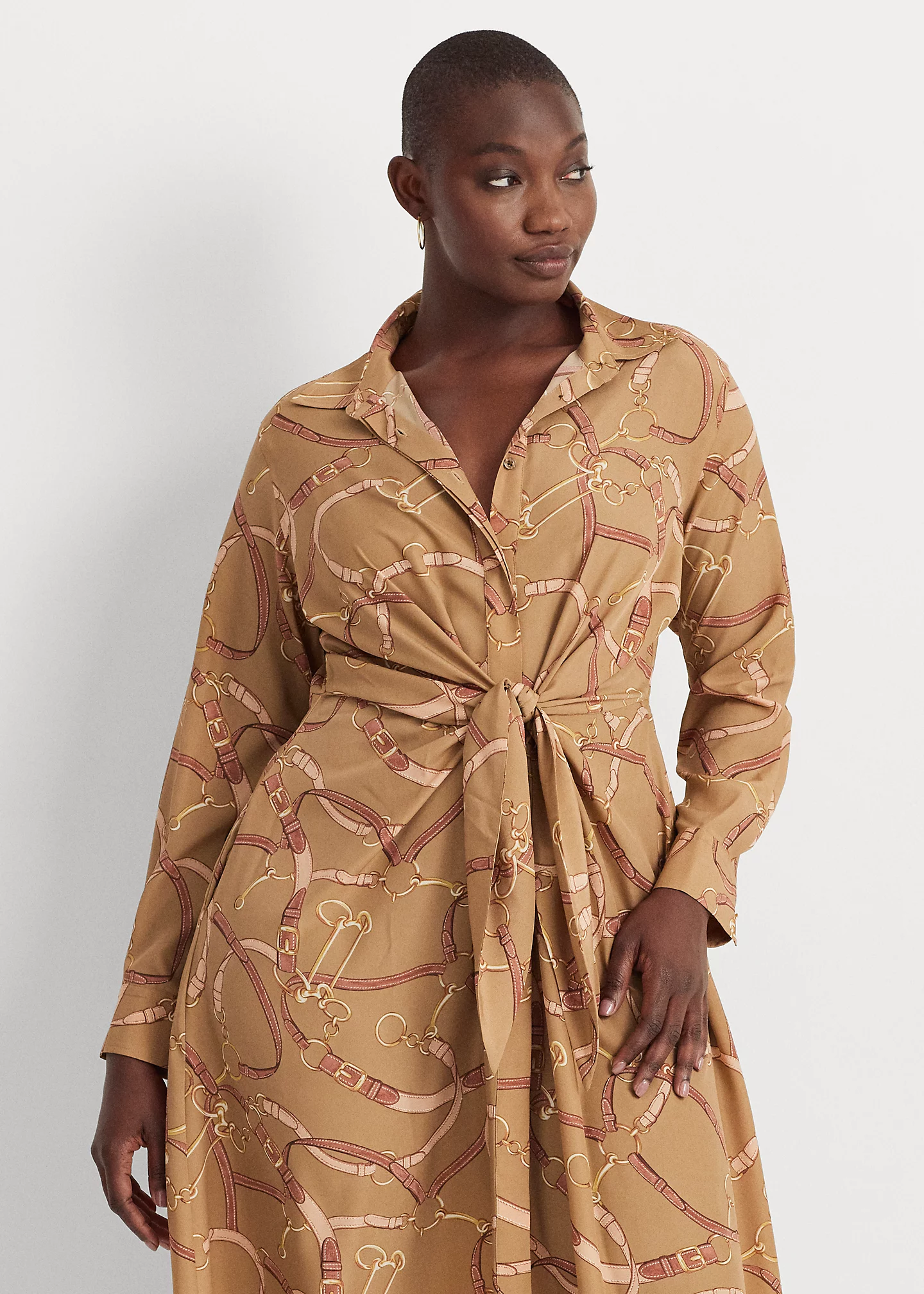 Belting-Print Tie-Front Crepe Shirtdress