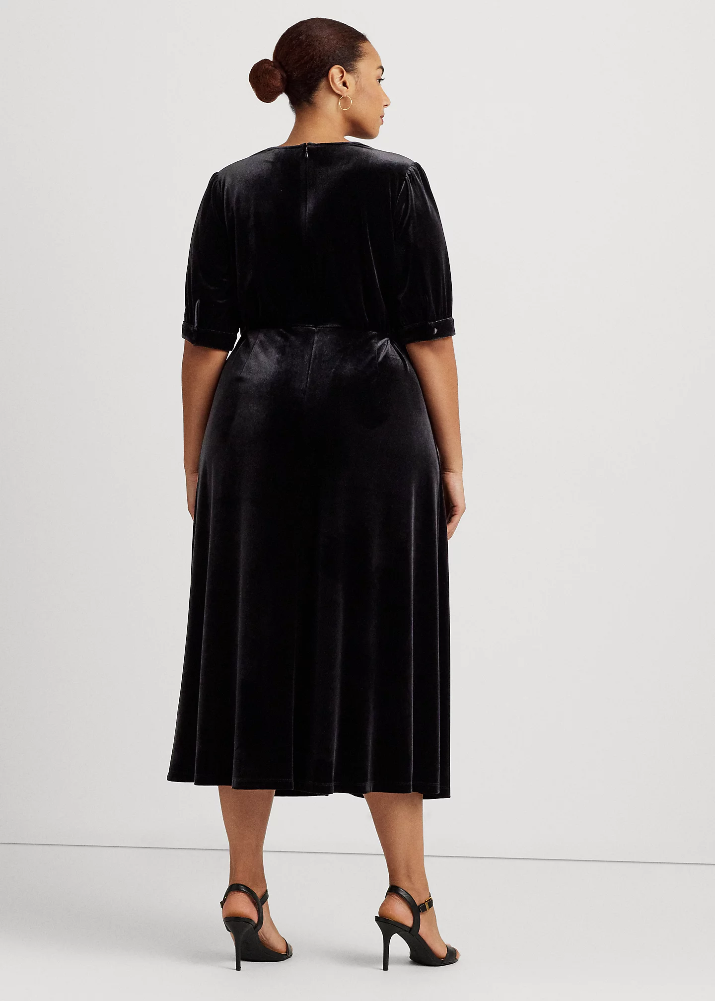 Stretch Velvet Puff-Sleeve Midi Dress