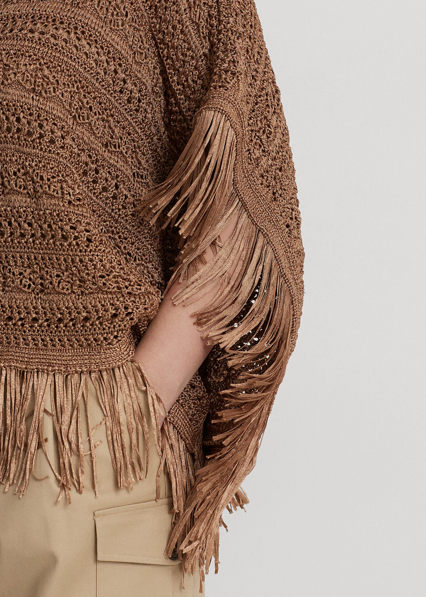 Fringe-Trim Pointelle-Knit Poncho