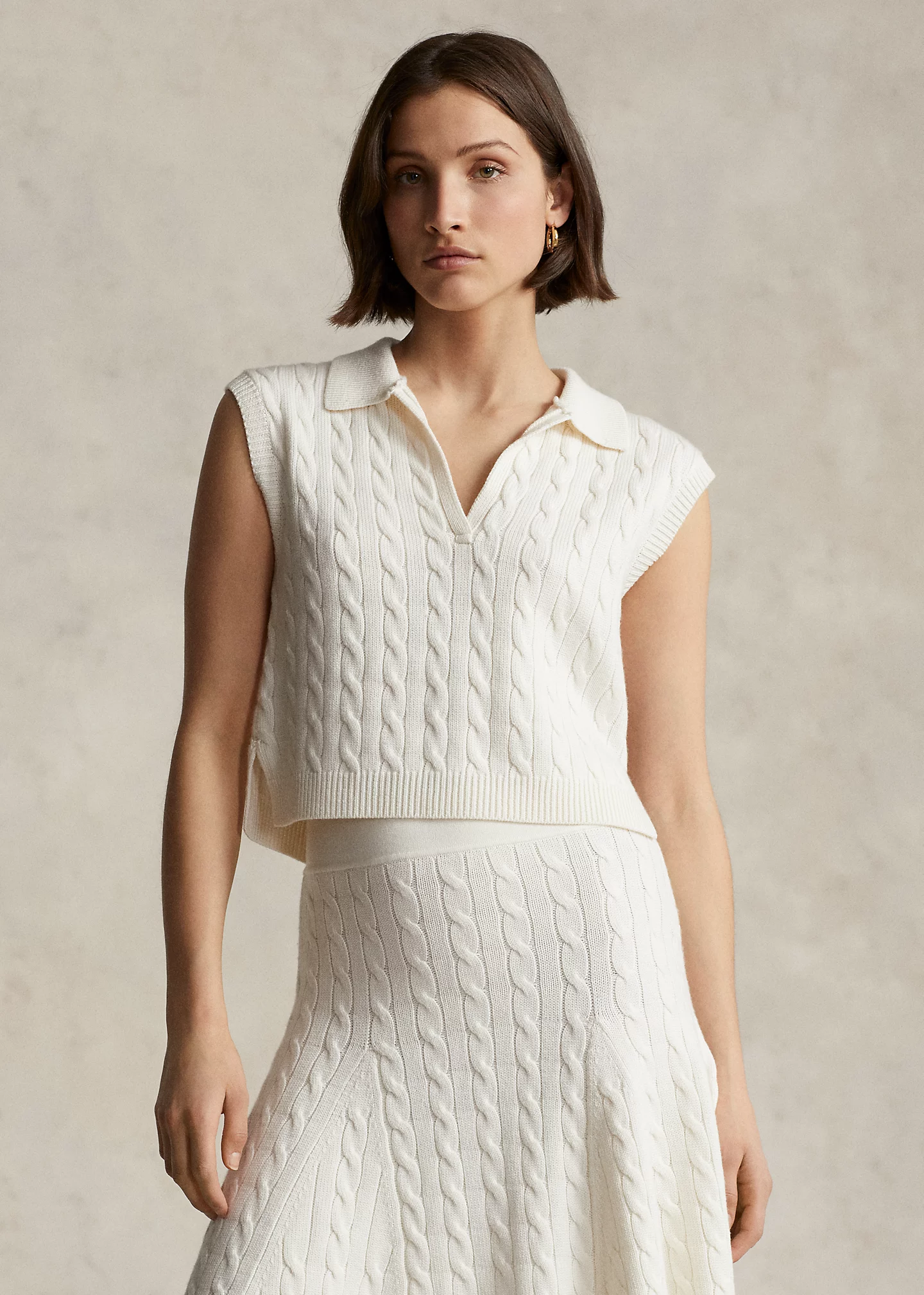 Cropped Cable Silk-Blend Polo Sweater