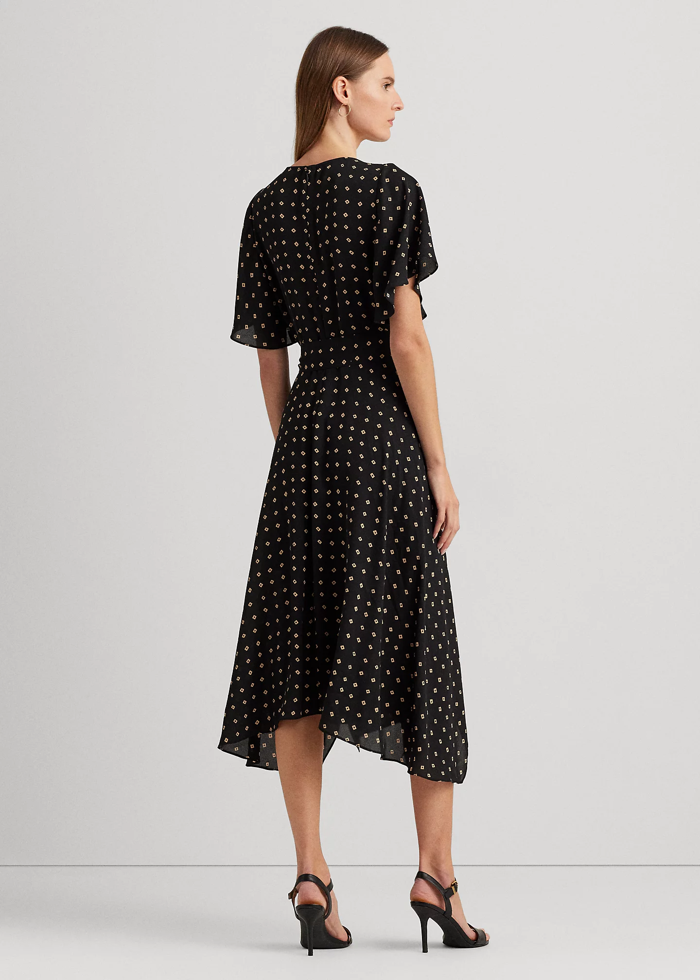 Geo-Print Crepe Flutter-Sleeve Dress