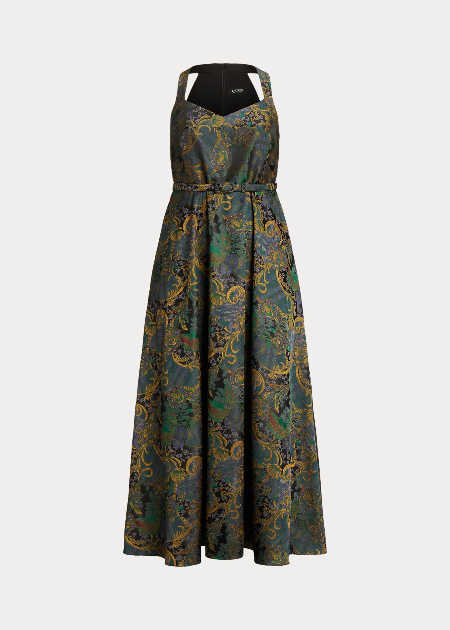 Mixed-Motif Belted Jacquard Halter Gown