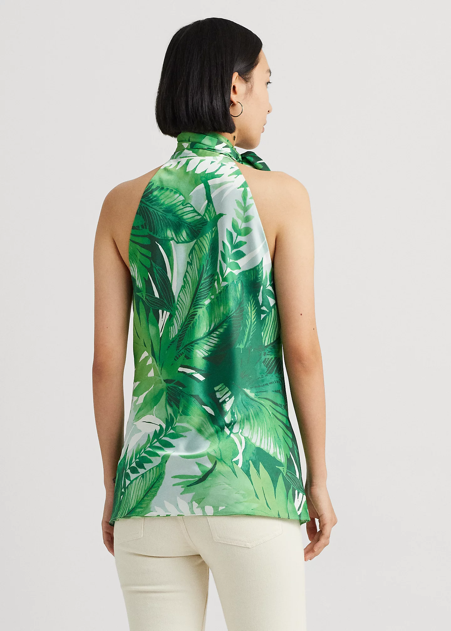 Print Charmeuse Tie-Neck Halter Blouse