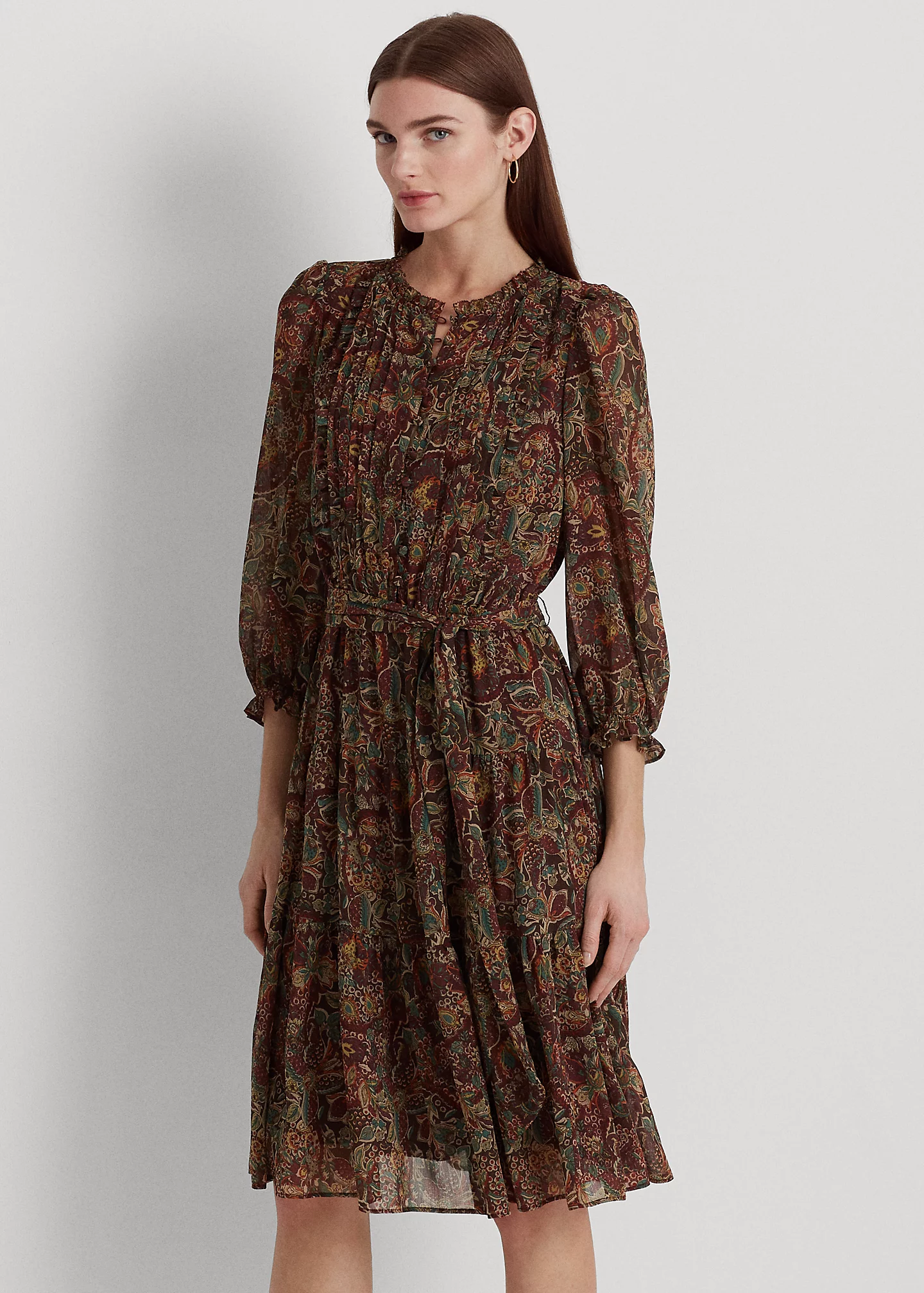Floral Belted Crinkle Georgette Dress