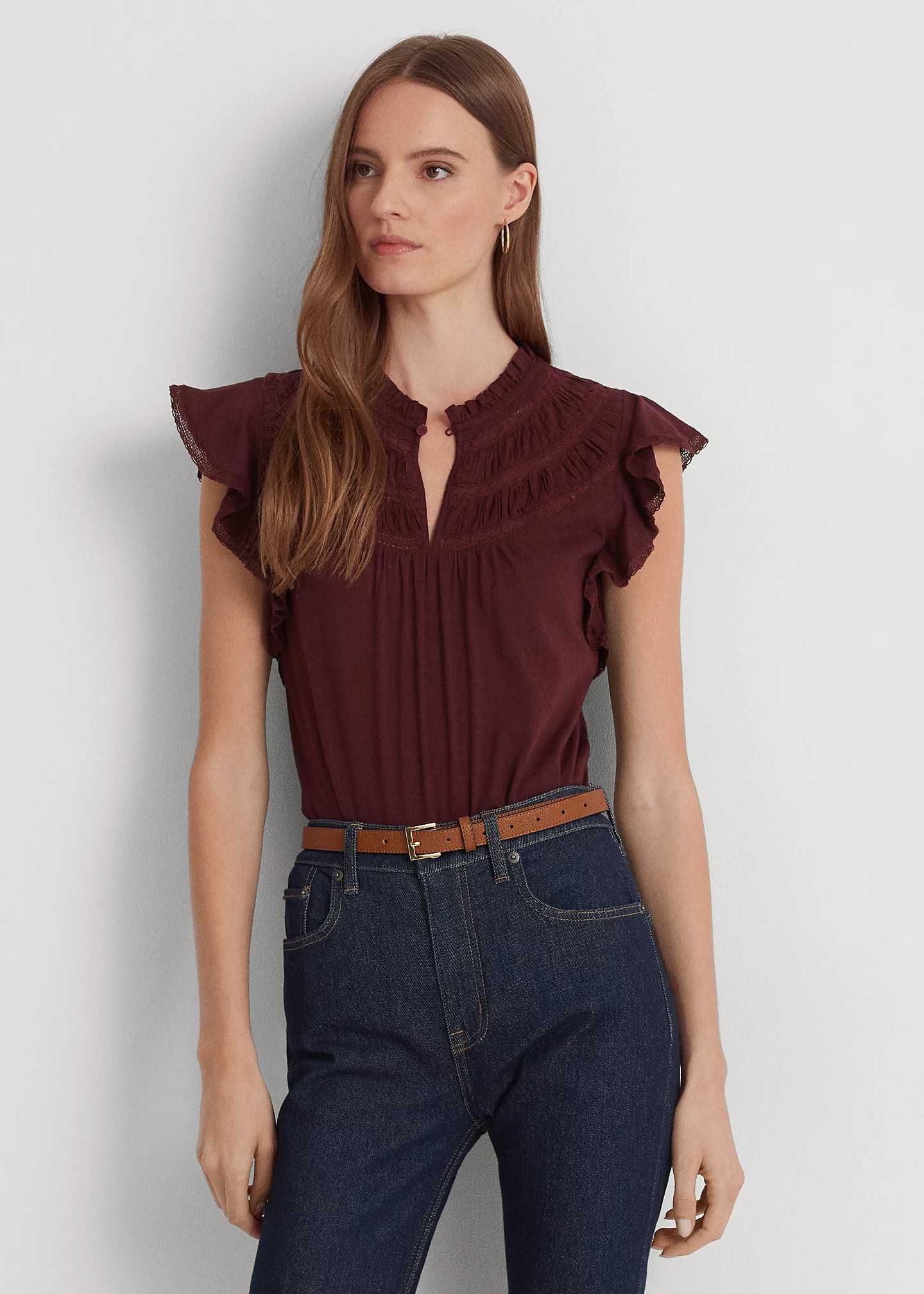 Lace-Trim Jersey Flutter-Sleeve Blouse