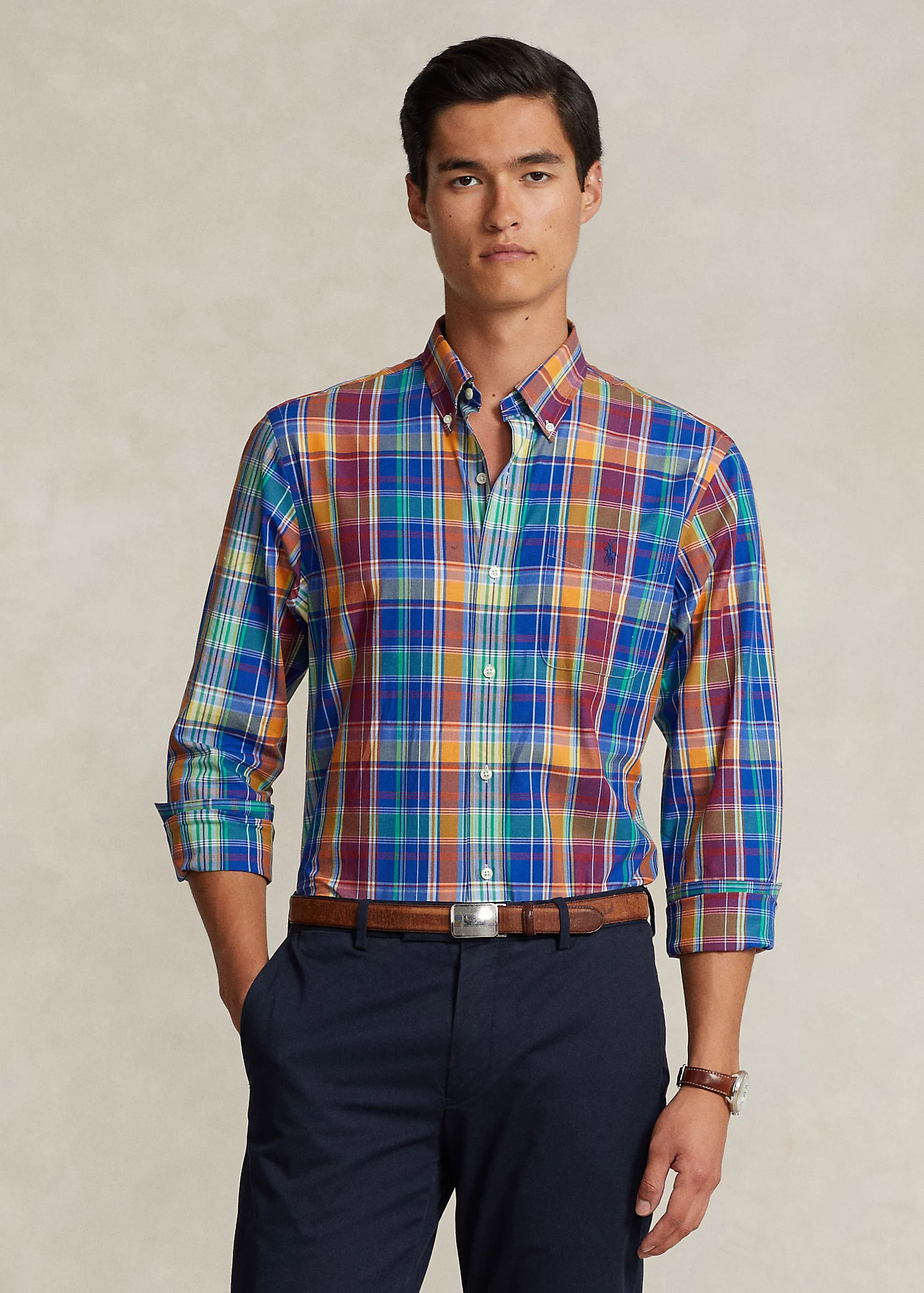 Classic Fit Plaid Stretch Poplin Shirt