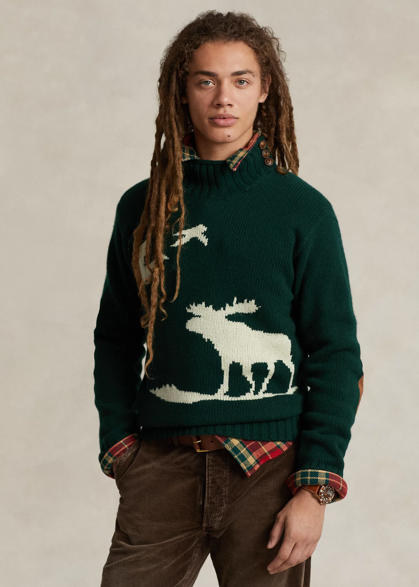 Moose-Intarsia Plaid Wool Sweater