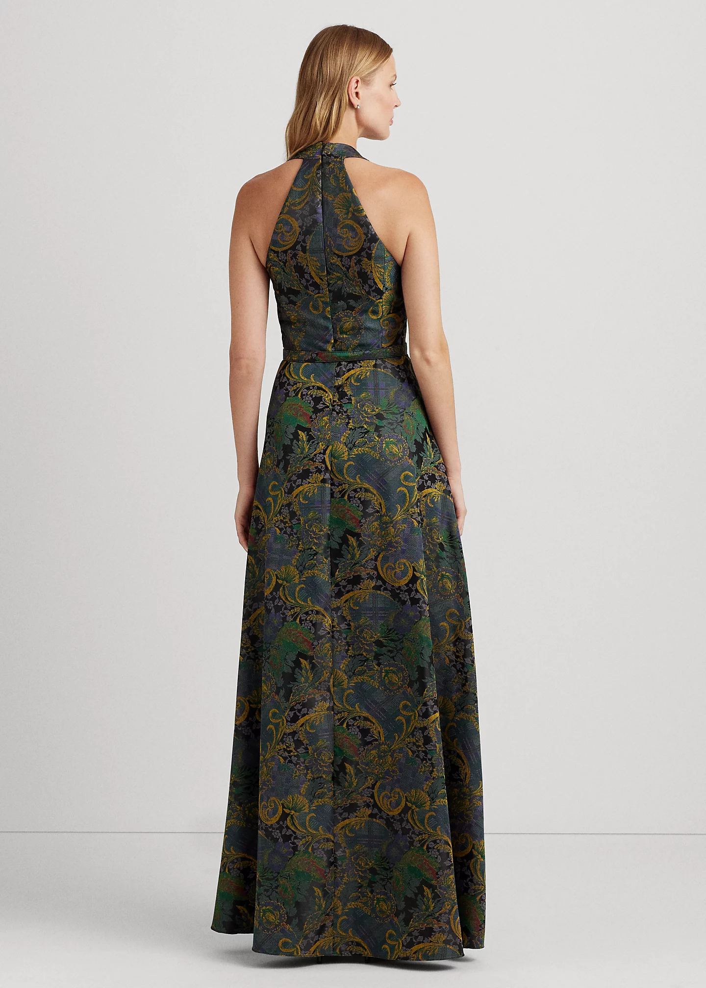 Mixed-Motif Belted Jacquard Halter Gown