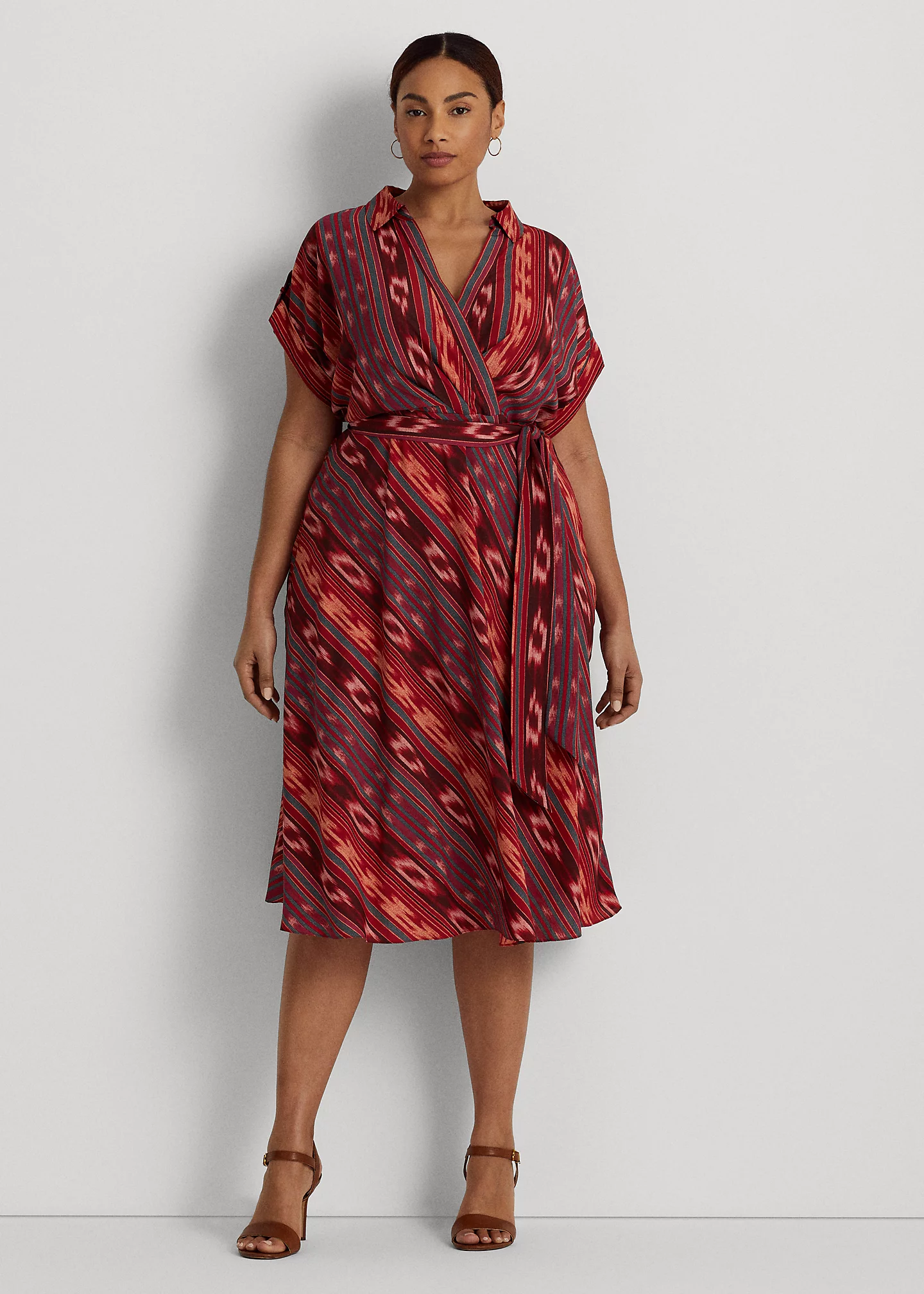 Geo-Striped Belted Crepe Dress