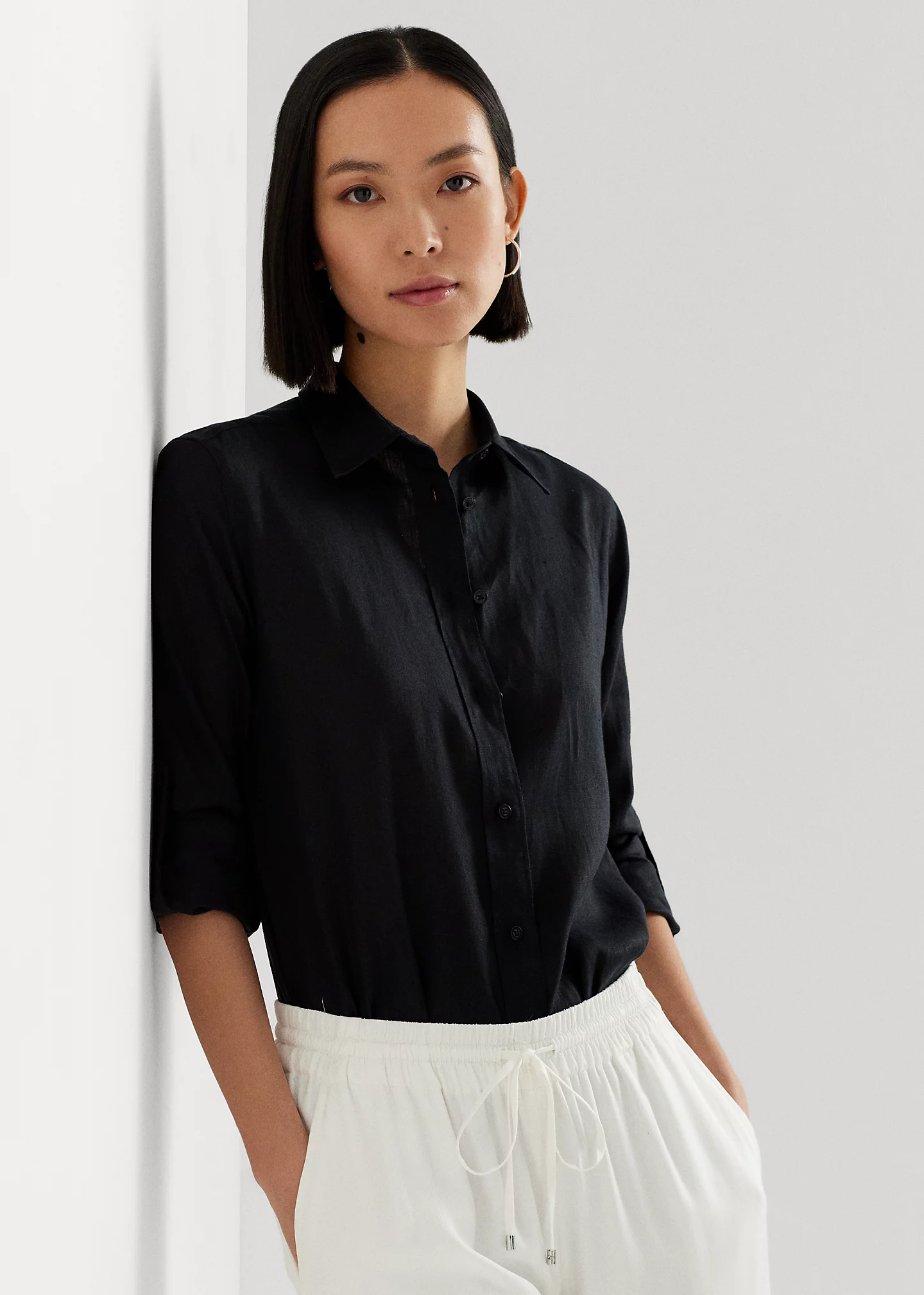 Relaxed Fit Linen Roll Tab–Sleeve Shirt