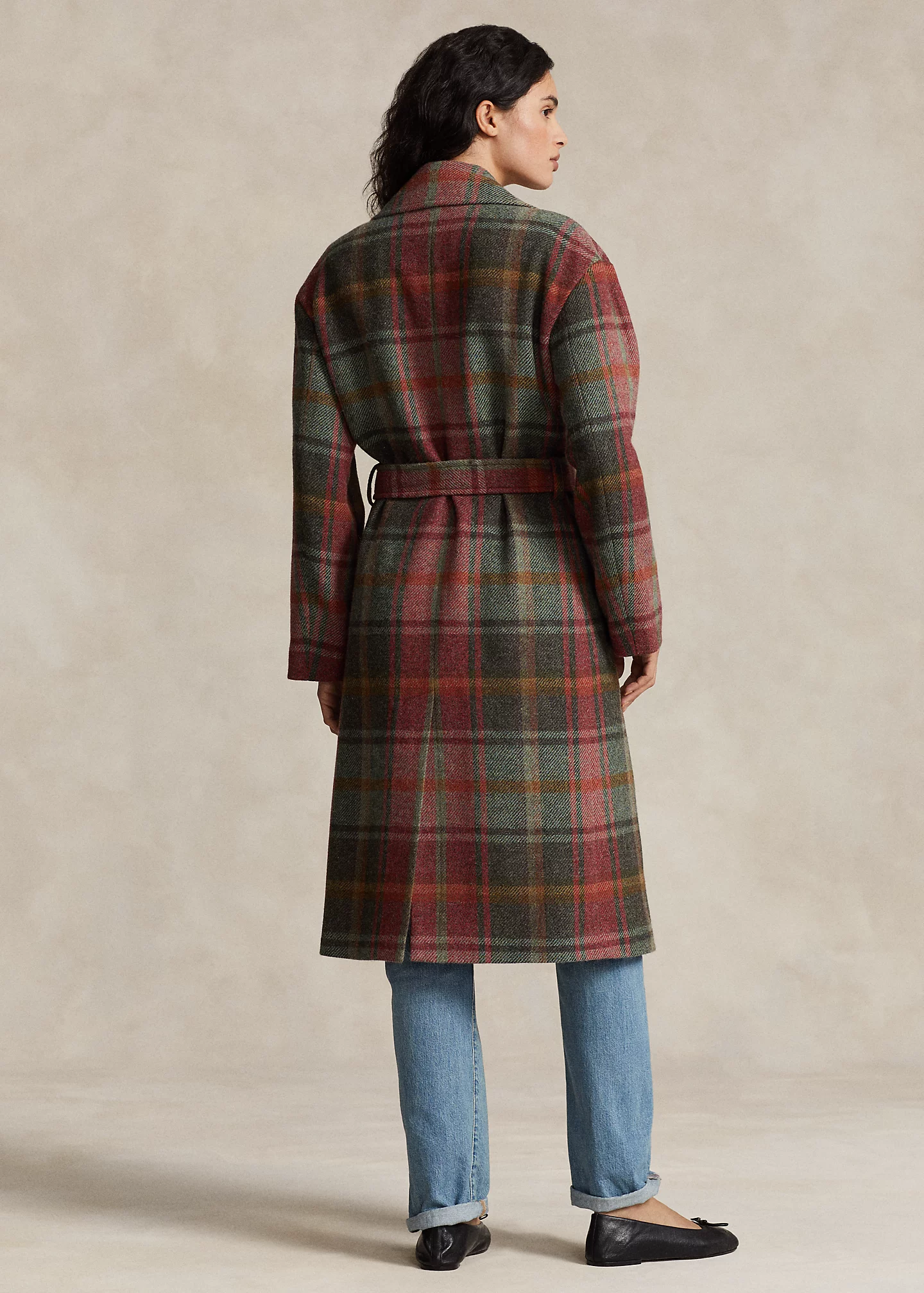 Plaid Wool-Blend Twill Wrap Coat