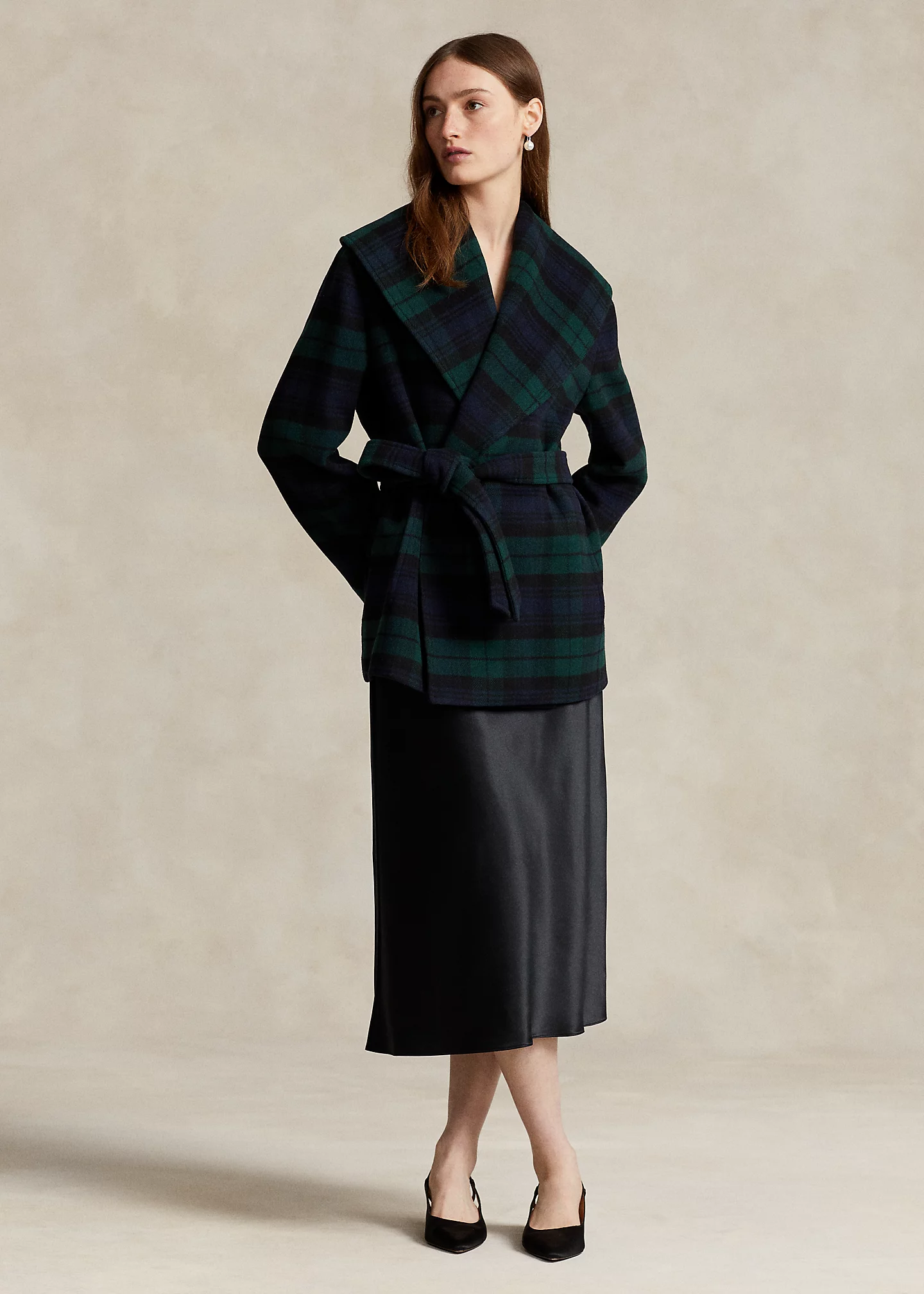 Plaid Wool-Blend Twill Wrap Coat