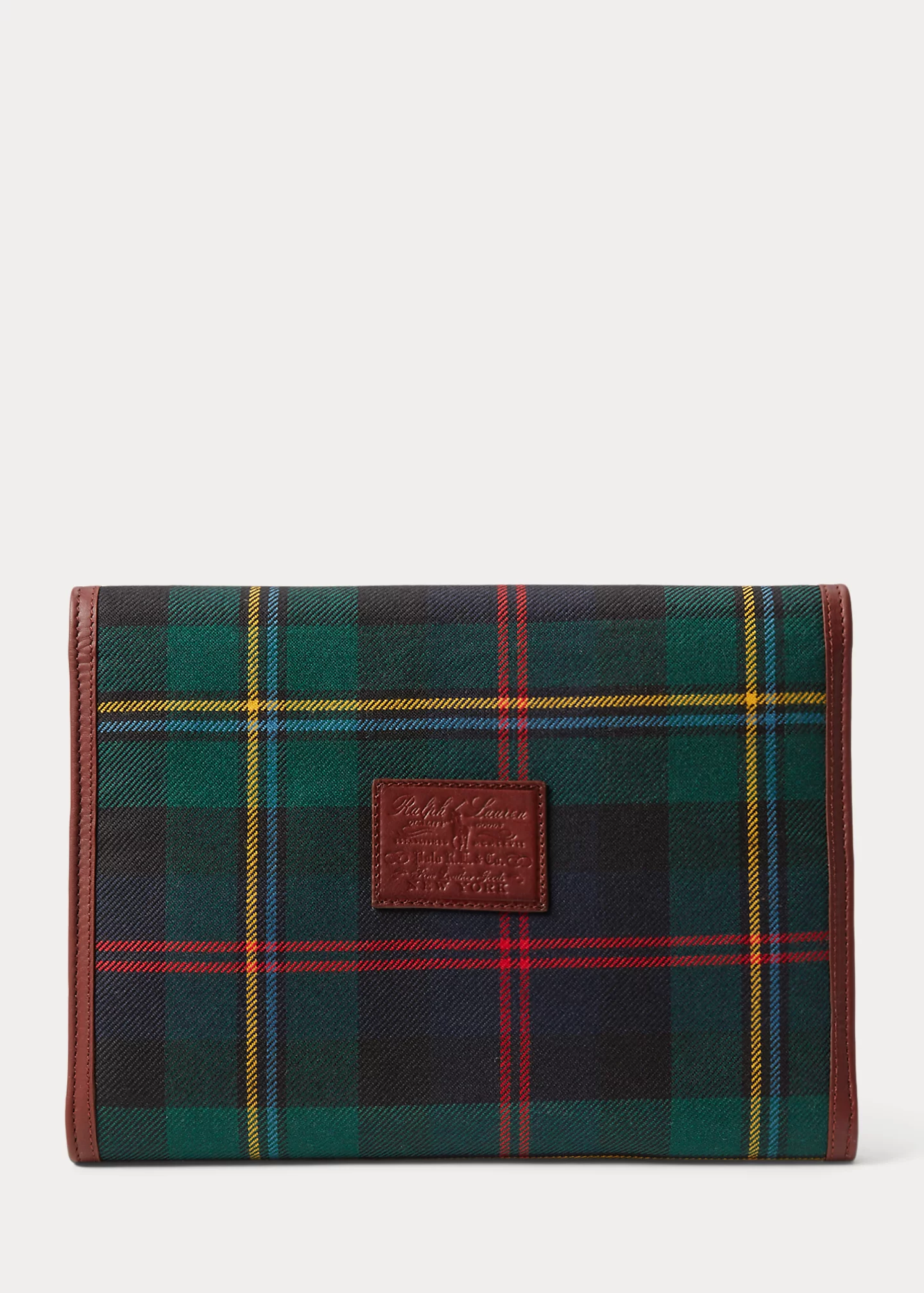 Leather-Trim Plaid Wool Tech Case