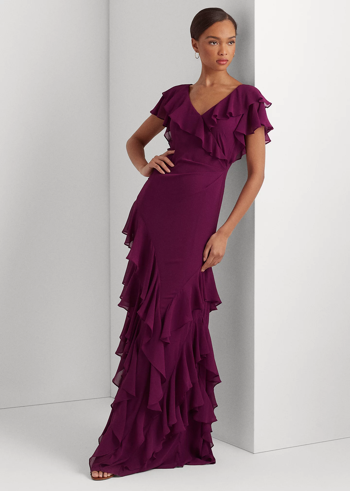 Ruffle-Trim Crinkle Georgette Gown