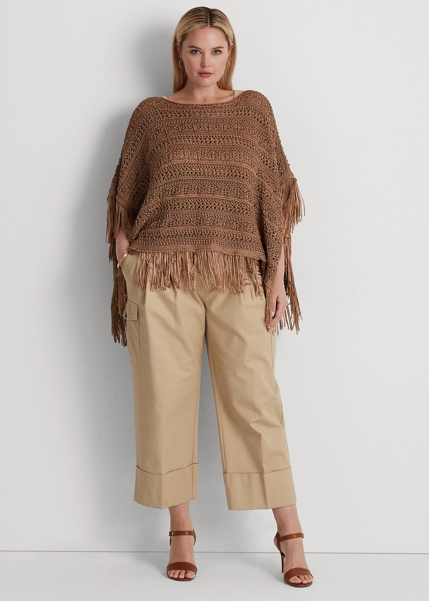 Fringe-Trim Pointelle-Knit Poncho