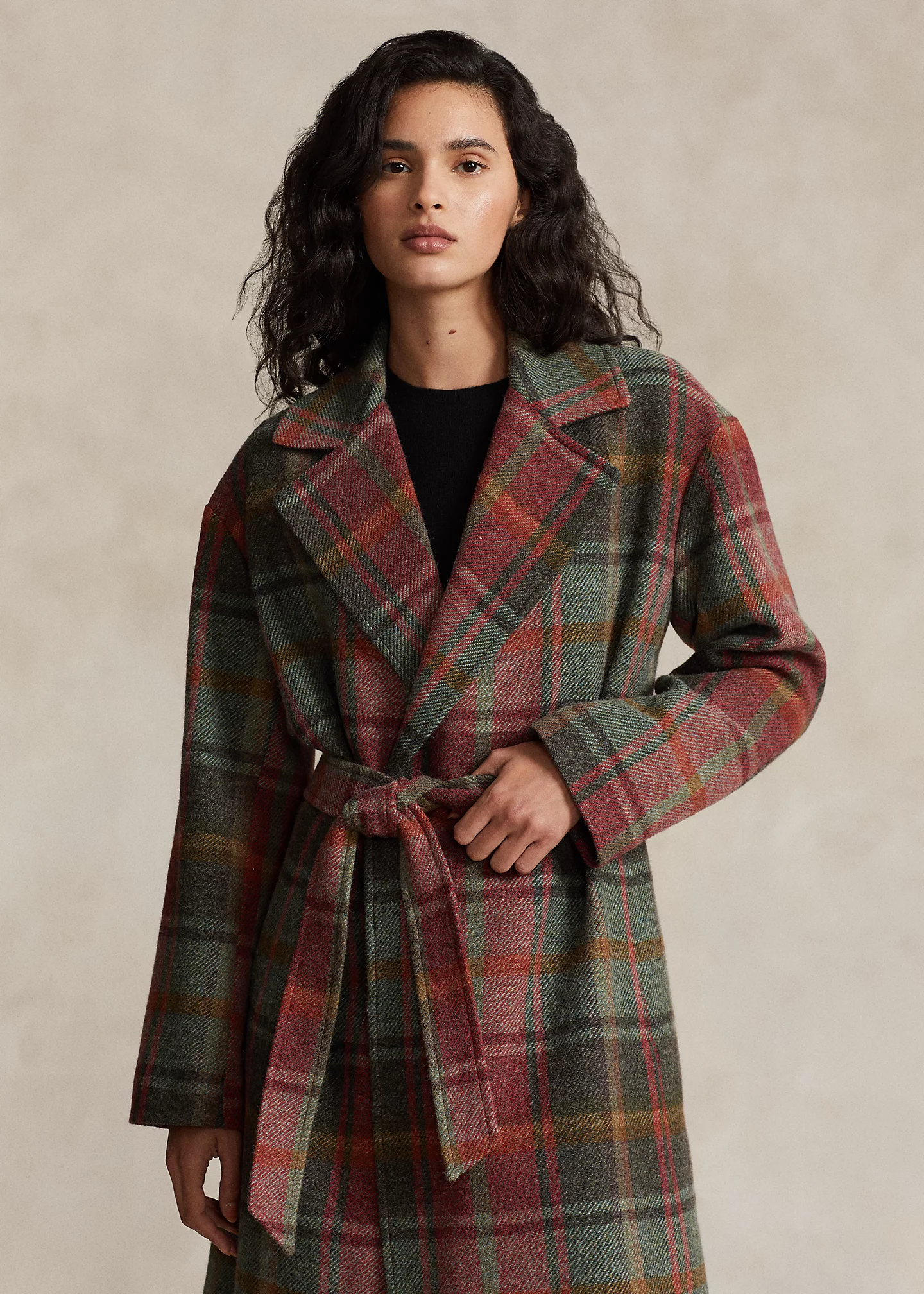 Plaid Wool-Blend Twill Wrap Coat
