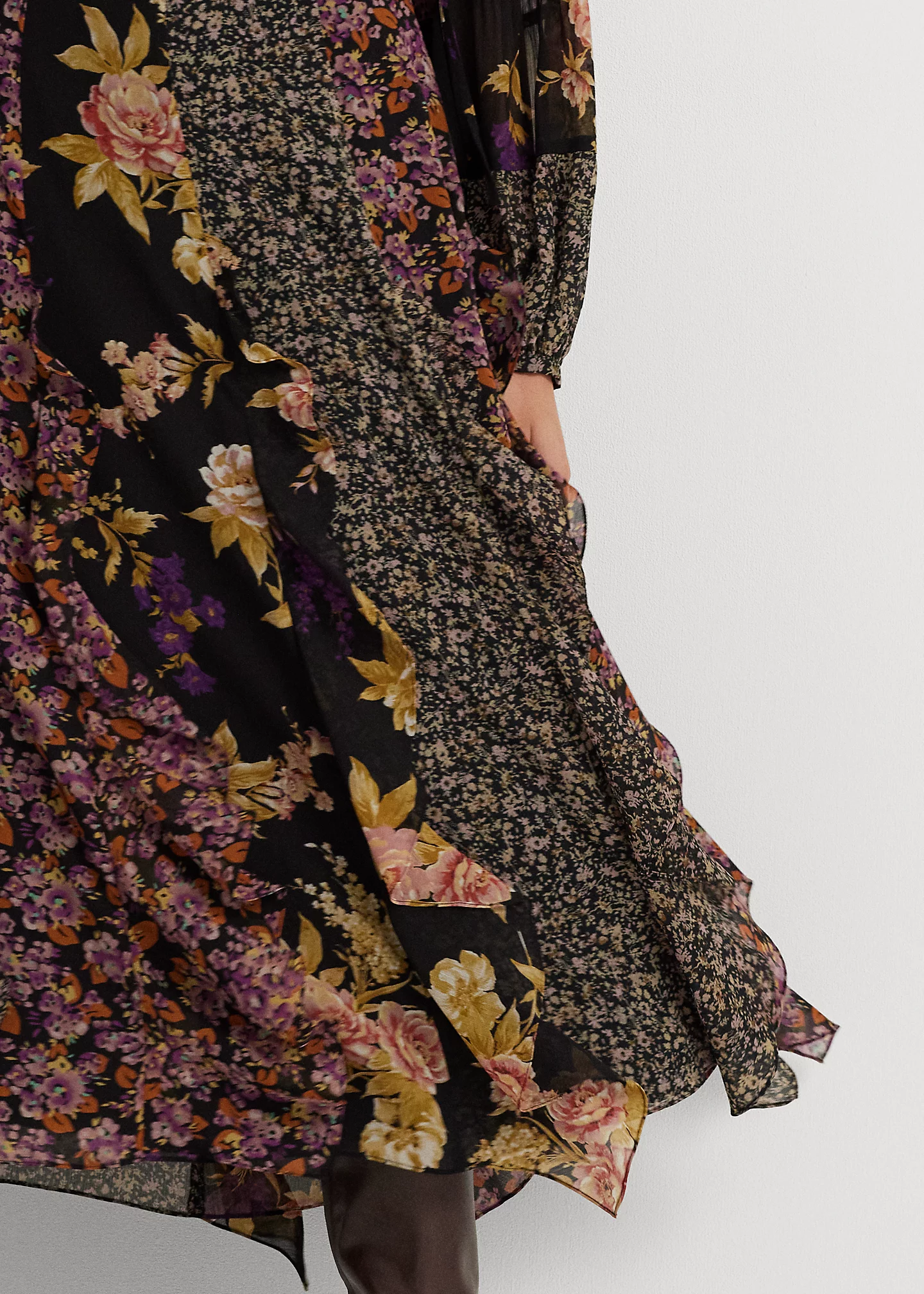 Mixed-Floral Ruffle-Trim Georgette Skirt