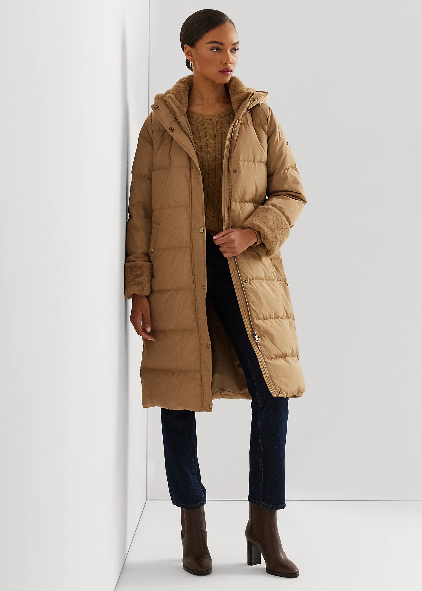 Faux-Fur-Trim Hooded Down Coat