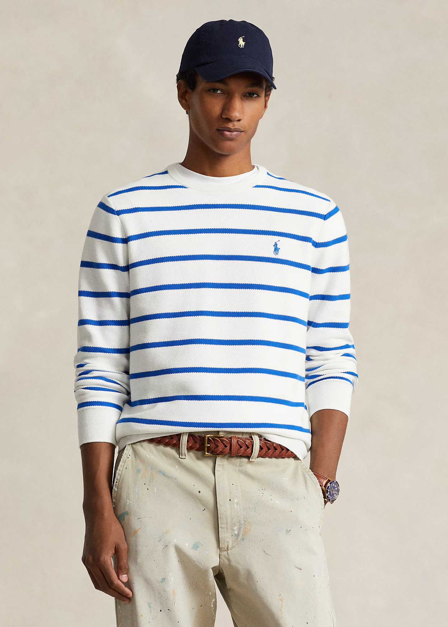 Striped Mesh-Knit Cotton Sweater